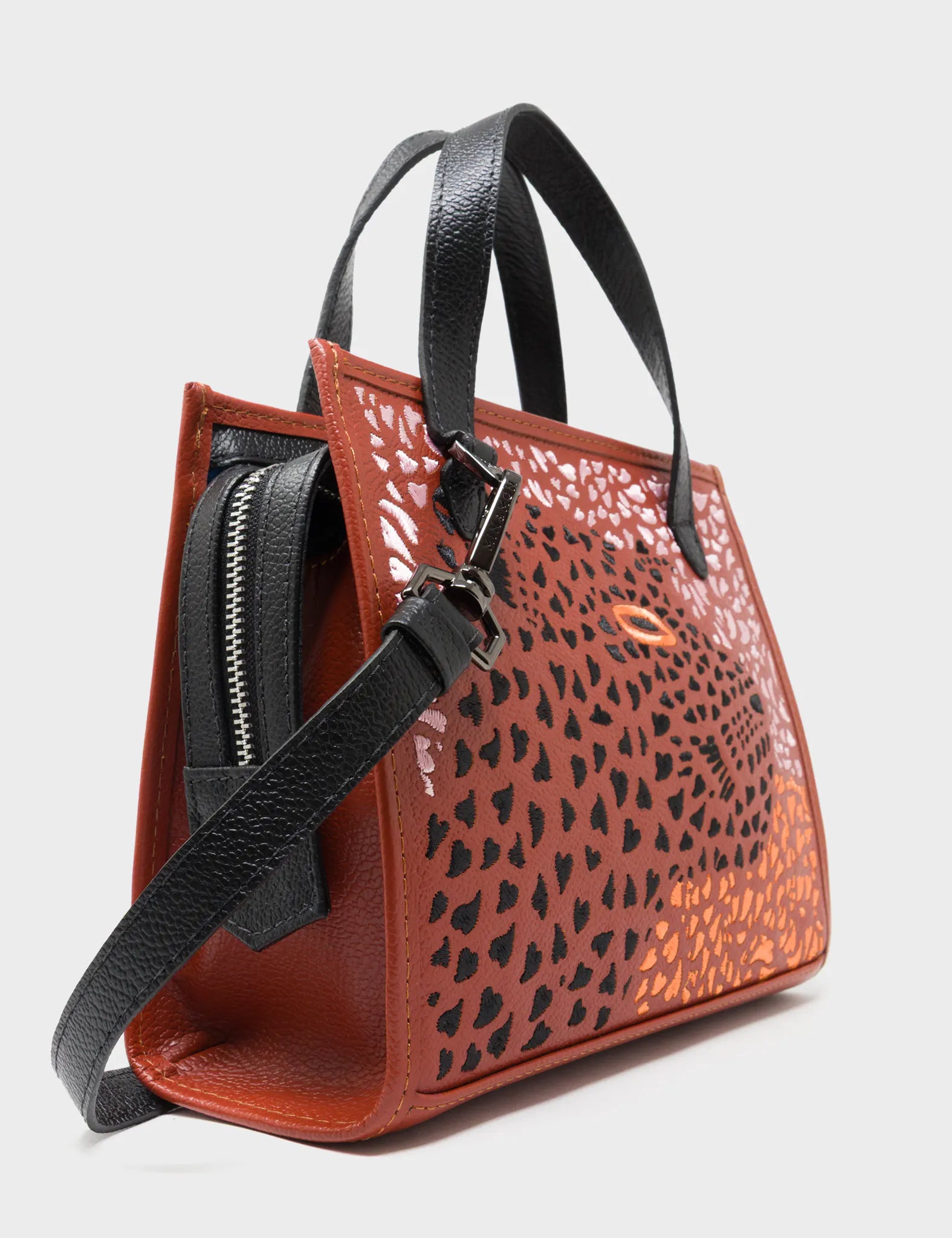 Simon Baked City Brown Leather Small Handbag - Retro Tiger Print - Side Corner View