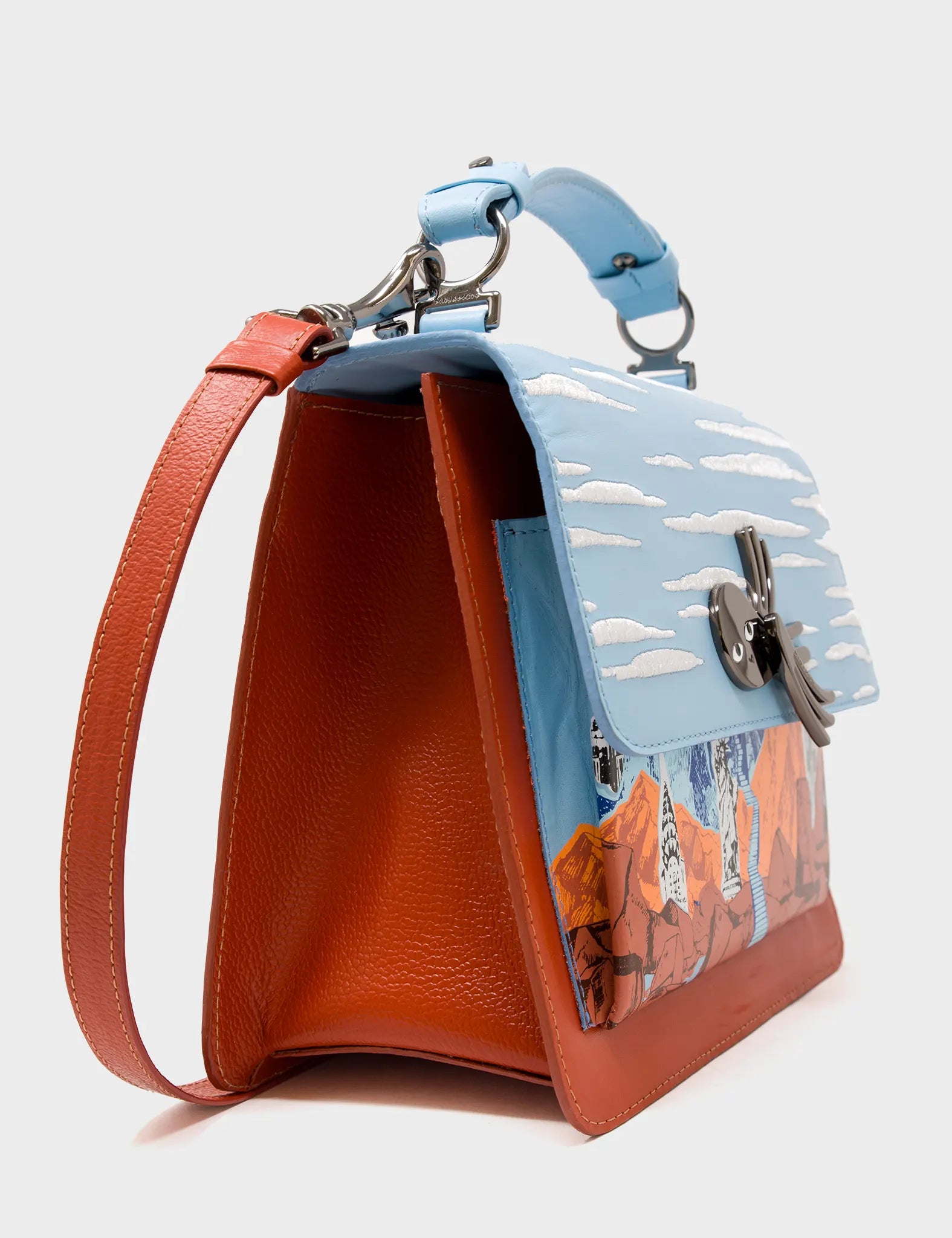 Cinnamon Medium Leather Crossbody Bag - Clouds and Mountains Design - Side