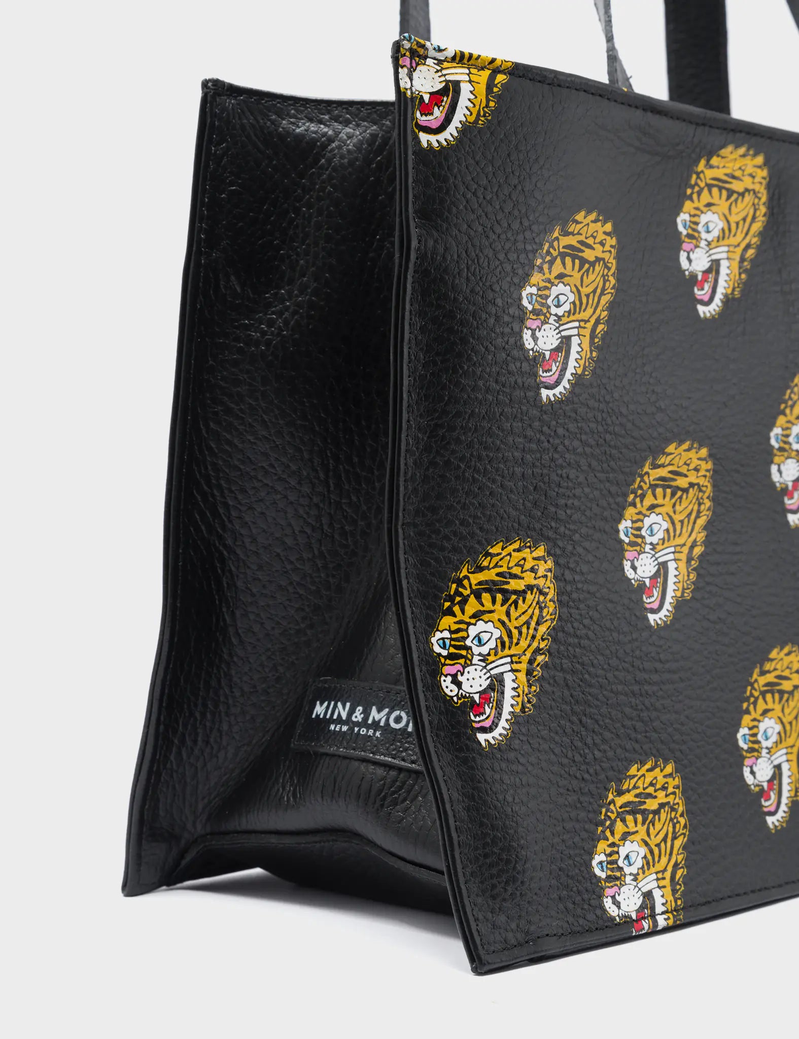 Marko Small Black Leather Tote Bag - Blazing Tiger Print - Detail View