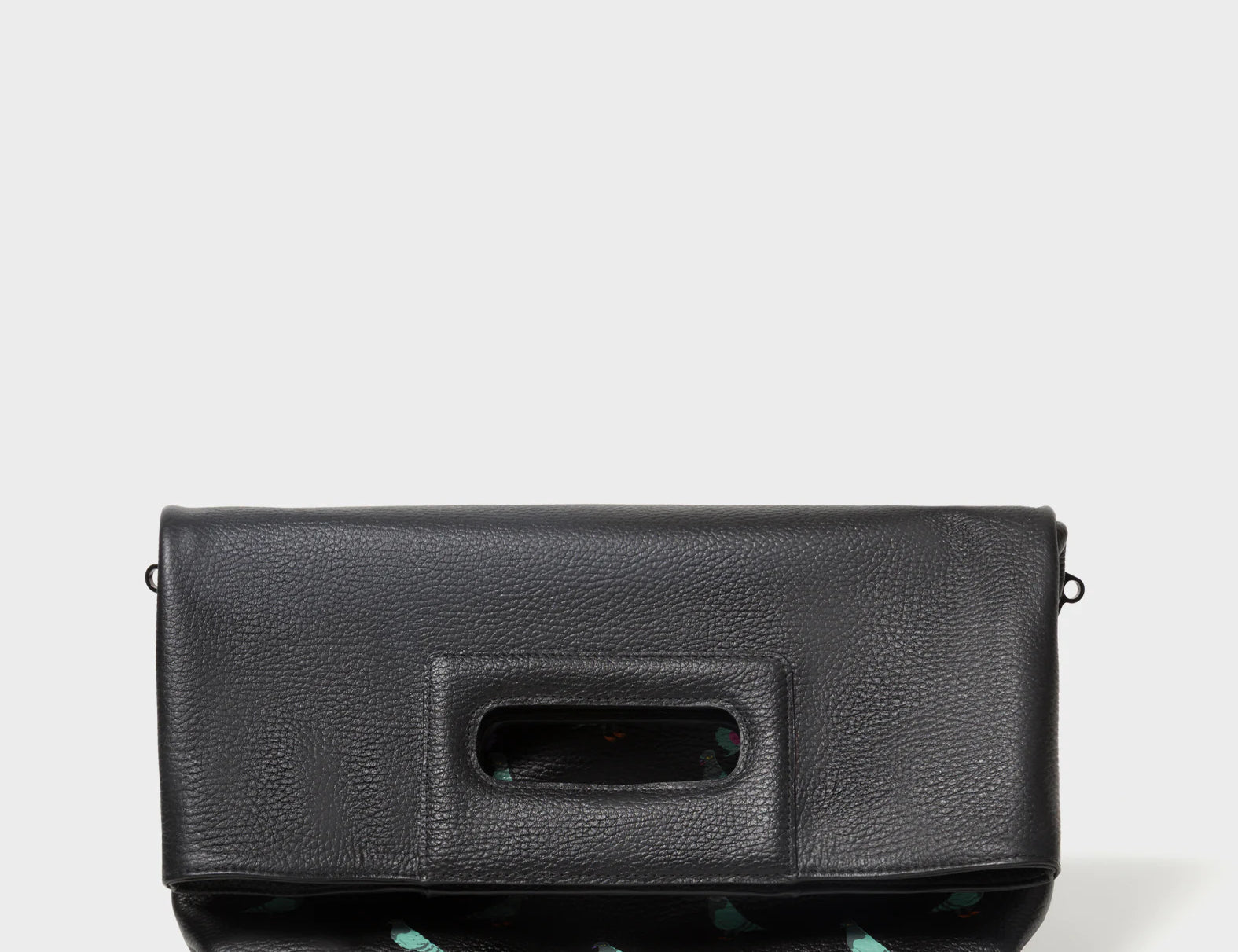 Milo Convertible Crossbody Bag - Black Leather Pigeonzilla Embroidery - Clutch Front View