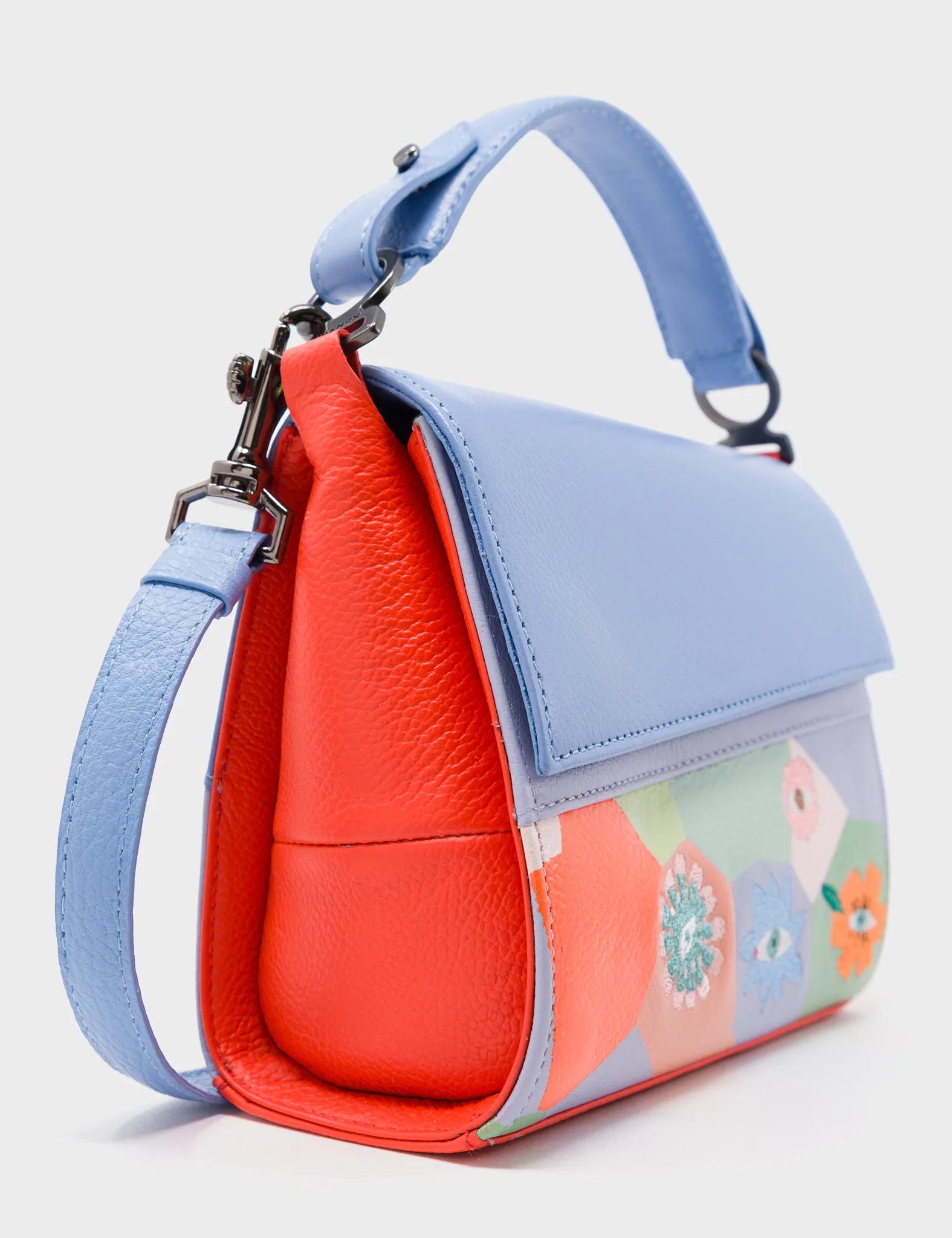 Micro Crossbody Handbag Blue and Red Leather - Camouflaged and flowers Embroidery - Side