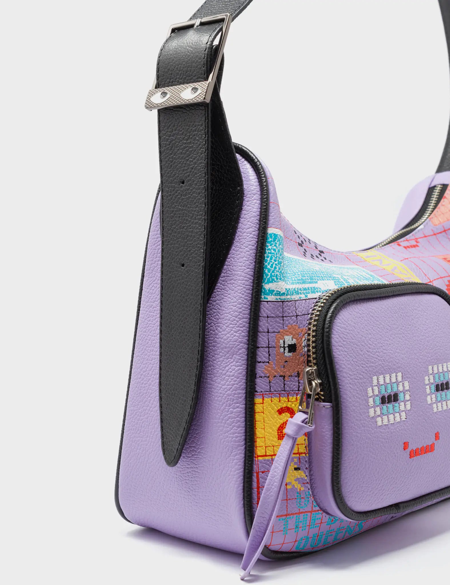 Vinyl Lavender Leather Hobo With Pocket - Subway Stories Design - Side View