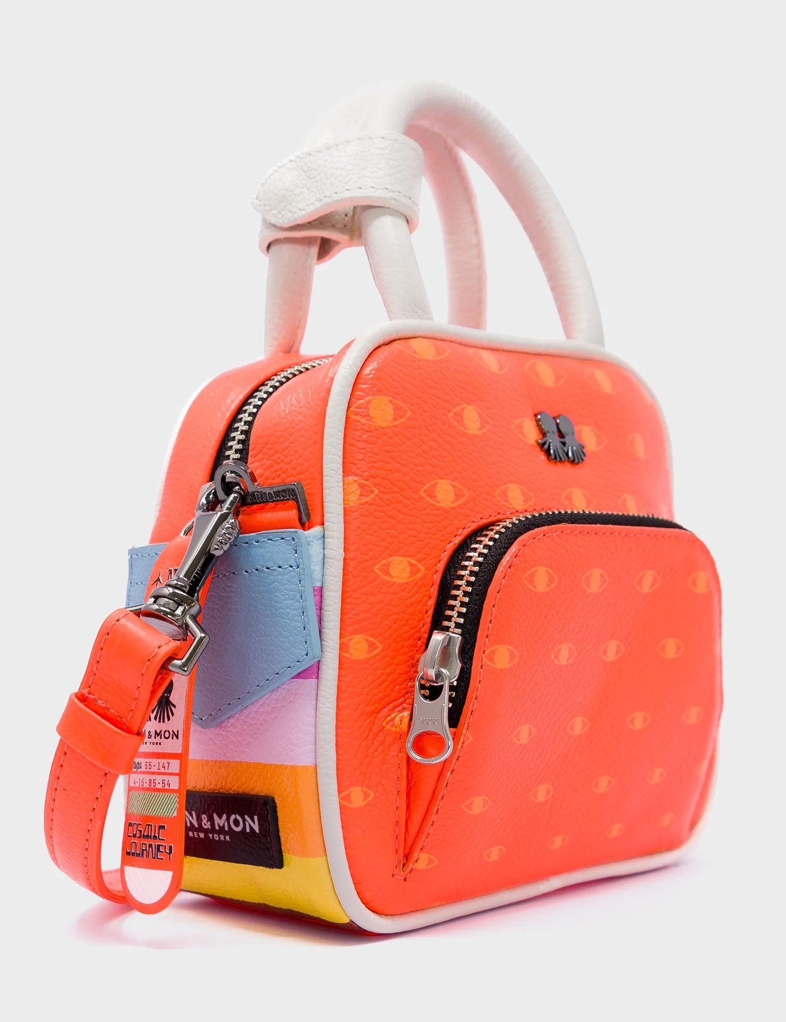 Small Crossbody Neon Orange Leather Bag - Eyes Pattern Printed - Side 