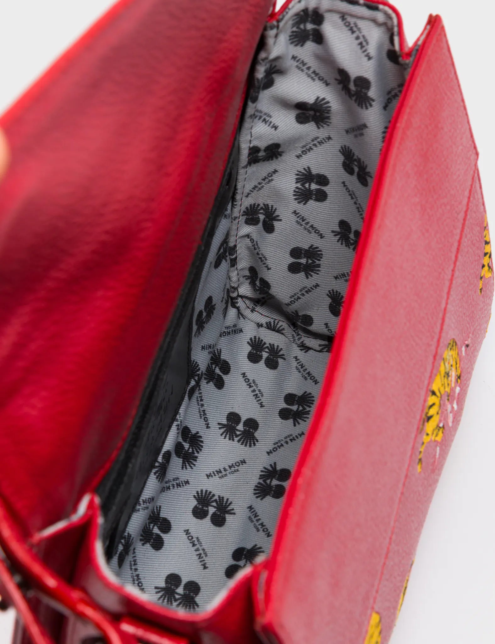 Anastasio Mini Crossbody Handbag Jester Red Leather - Tigers Pattern - Open