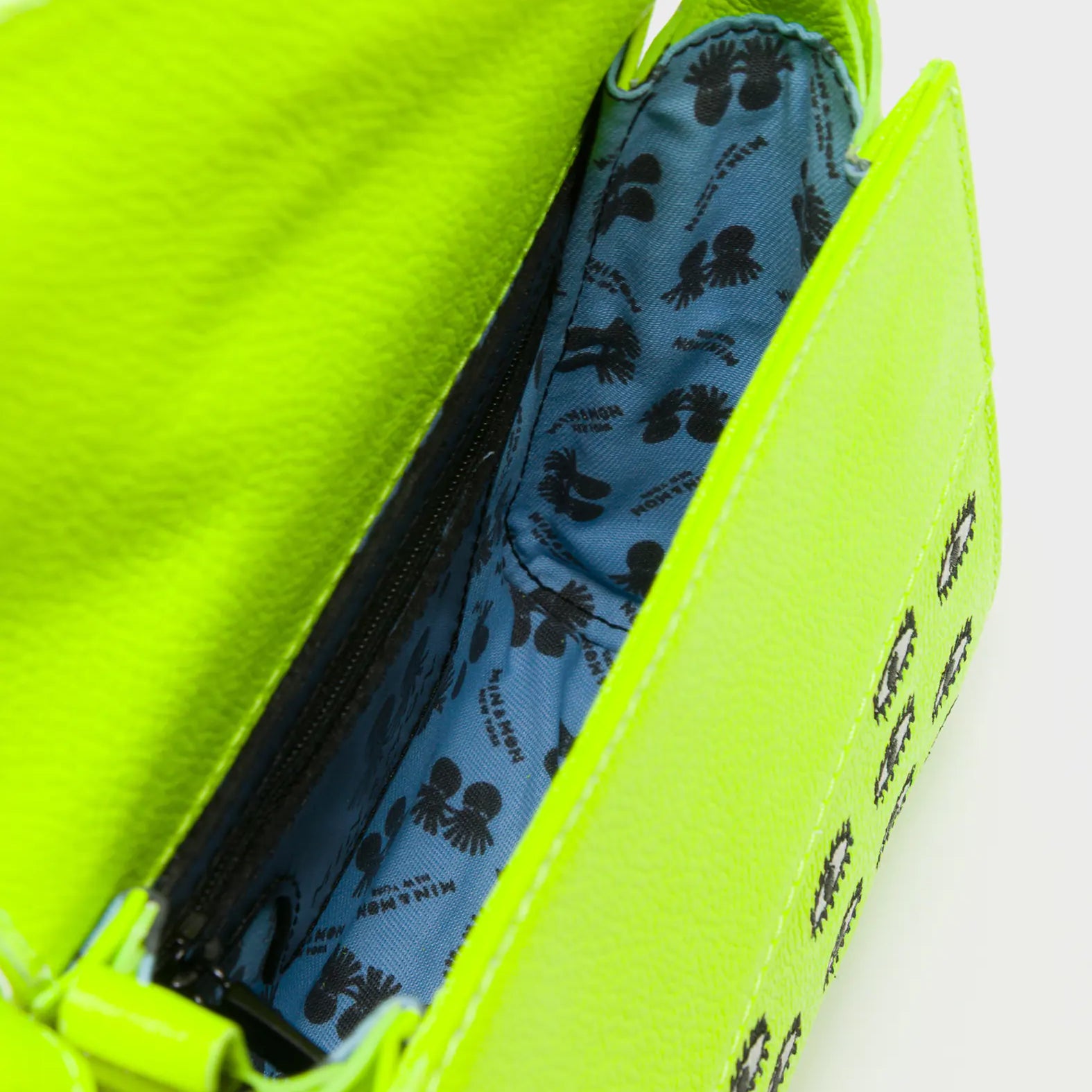 Anastasio Micro Crossbody Handbag Neon Lime Leather - All Over Eyes Embroidery - Inside View