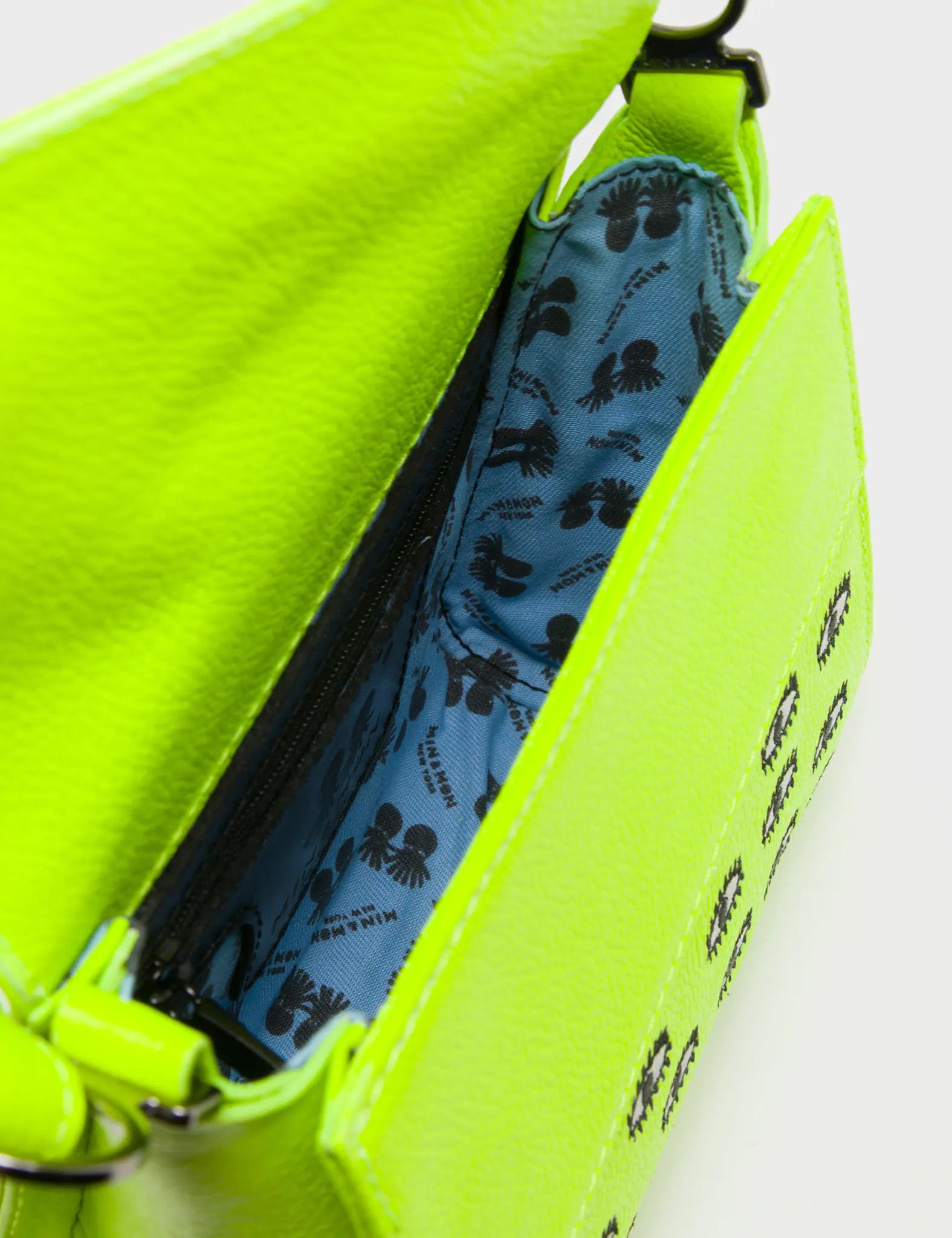 Anastasio Micro Crossbody Handbag Neon Lime Leather - All Over Eyes Embroidery - Inside View