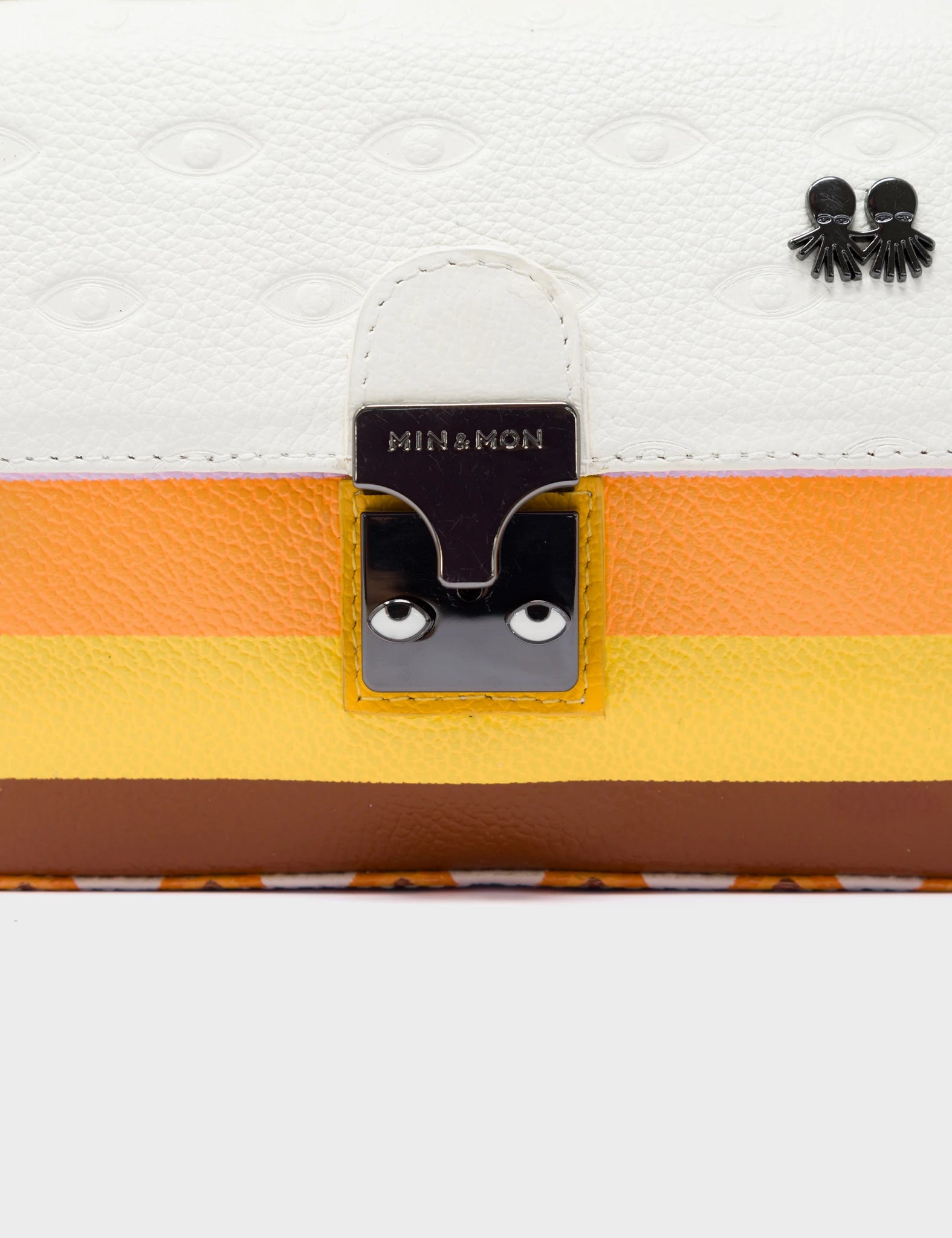 Cream and Marigold Leather Crossbody Mini Handbag - Eyes Pattern Debossed - hardware
