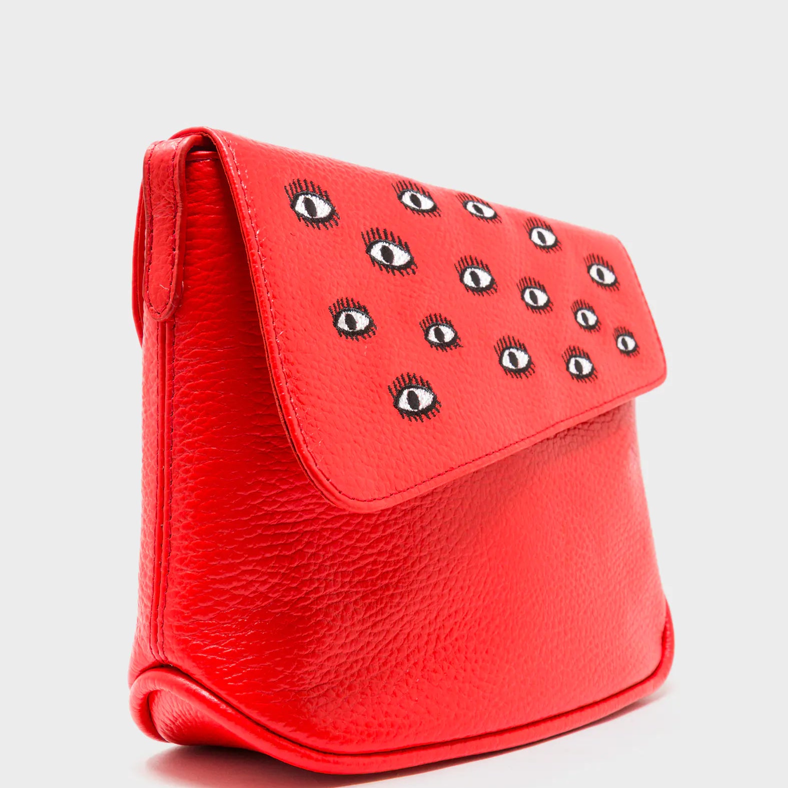 Bruno Mini Crossbody Fiesta Red Leather Bag - All Over Eyes Embroidery - Detail View
