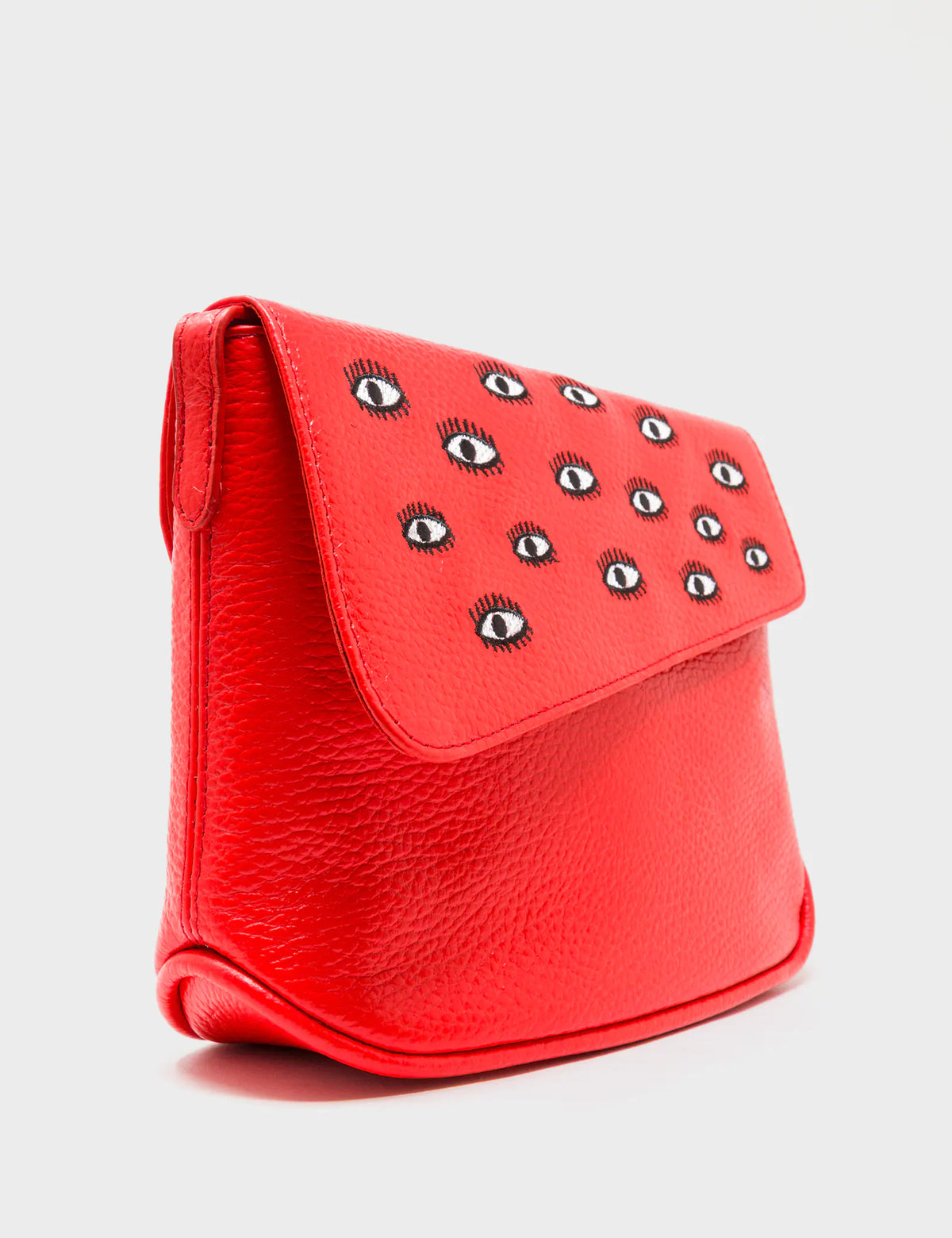 Bruno Mini Crossbody Fiesta Red Leather Bag - All Over Eyes Embroidery - Detail View