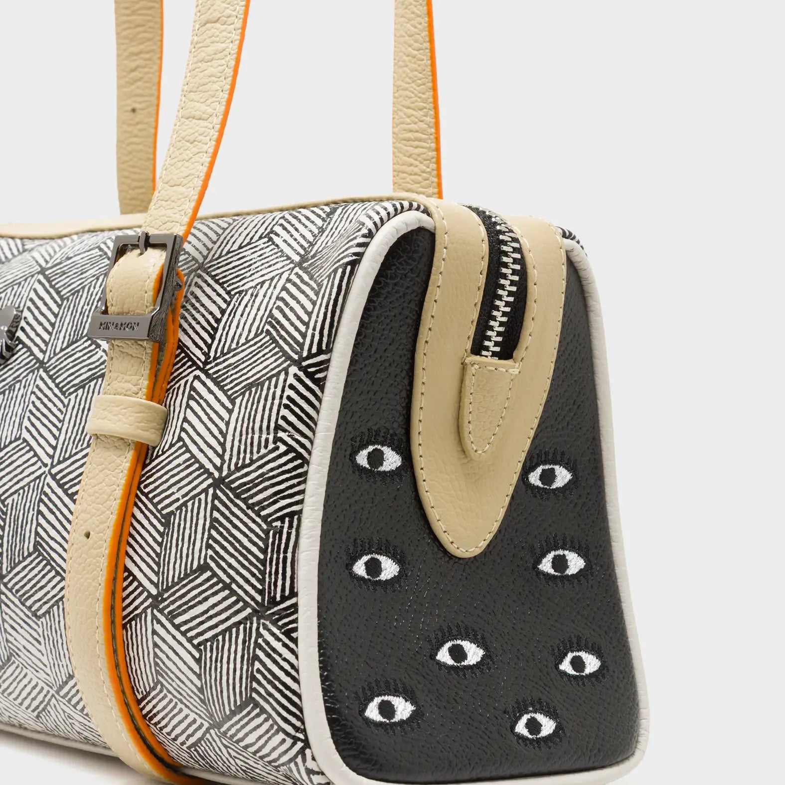 Esther Cream Satchel Mini Bag - All Over Eyes Embroidery and Cubes Print -  Detail View