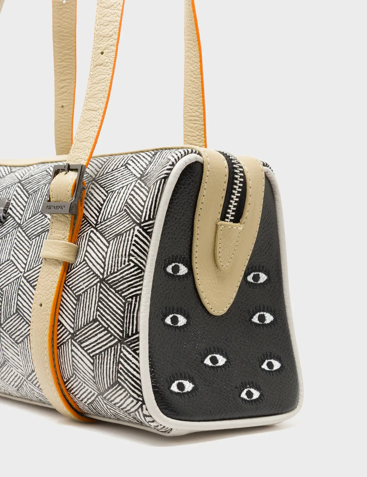 Esther Cream Satchel Mini Bag - All Over Eyes Embroidery and Cubes Print -  Detail View