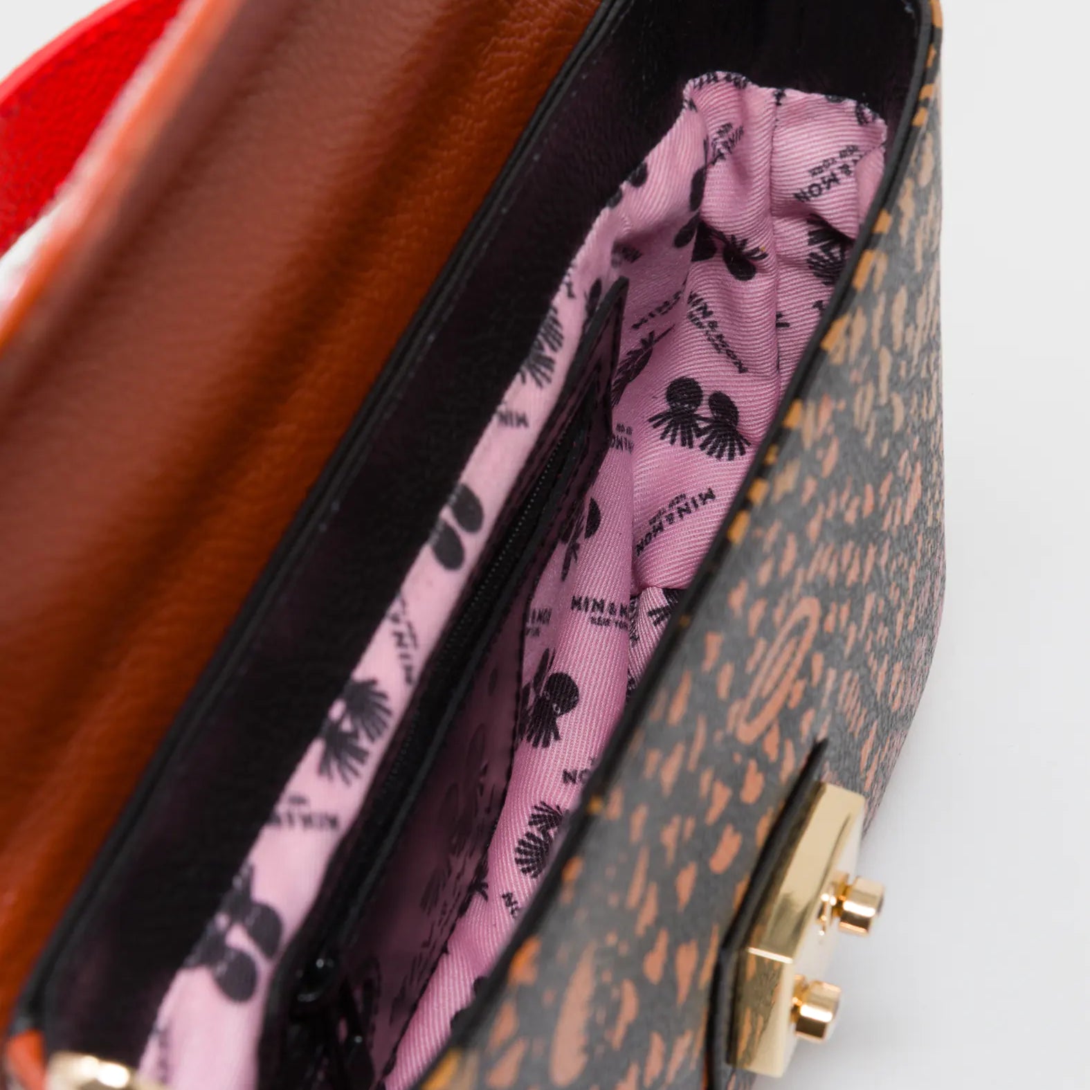 Amantis Baked City Brown Leather Crossbody Mini Handbag - Retro Tiger Design - Interior