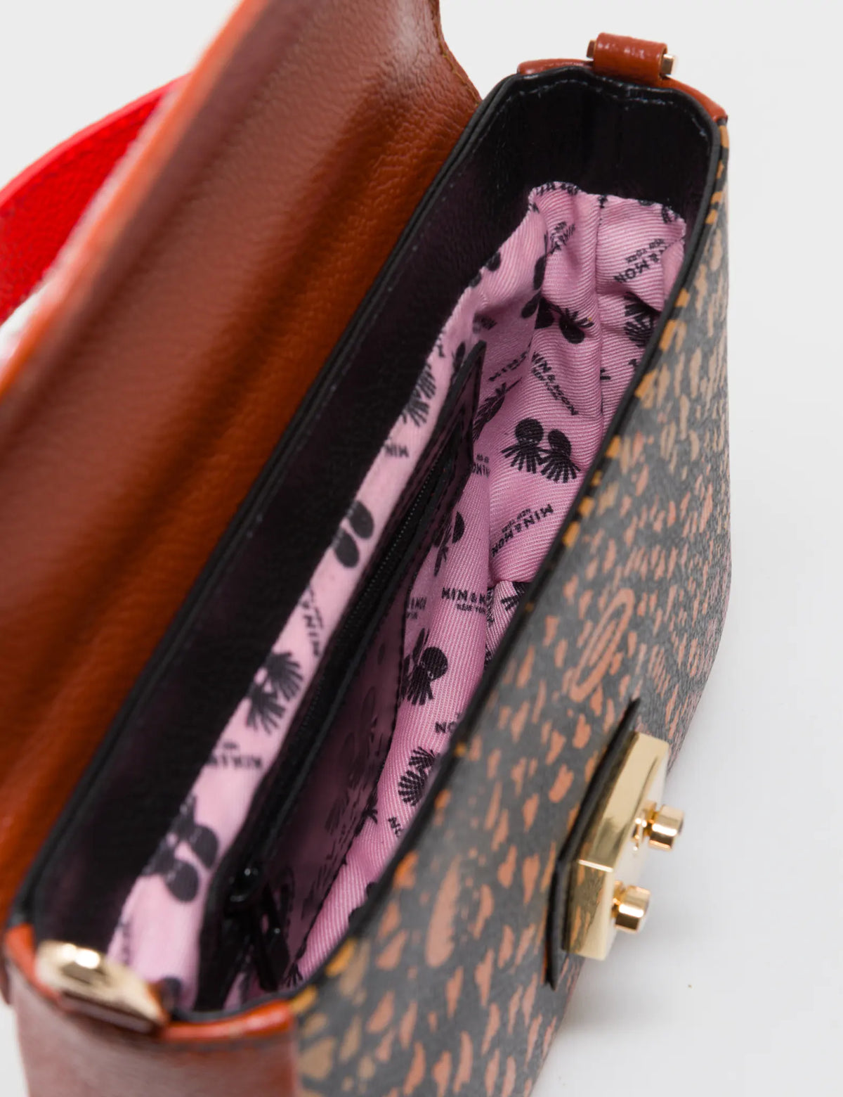 Amantis Baked City Brown Leather Crossbody Mini Handbag - Retro Tiger Design - Interior