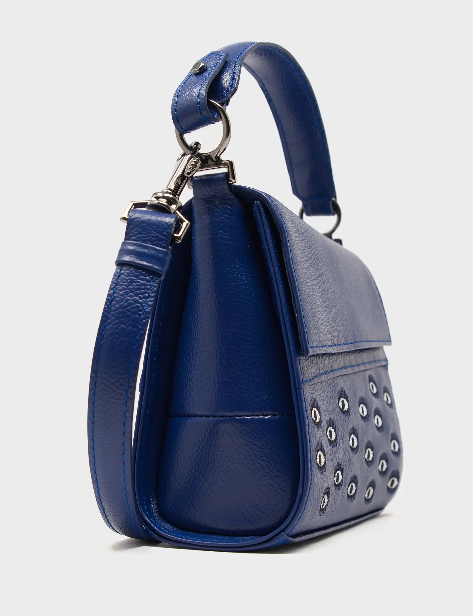 Micro Crossbody Handbag Royal Blue Leather - Eyes Embroidery - Side