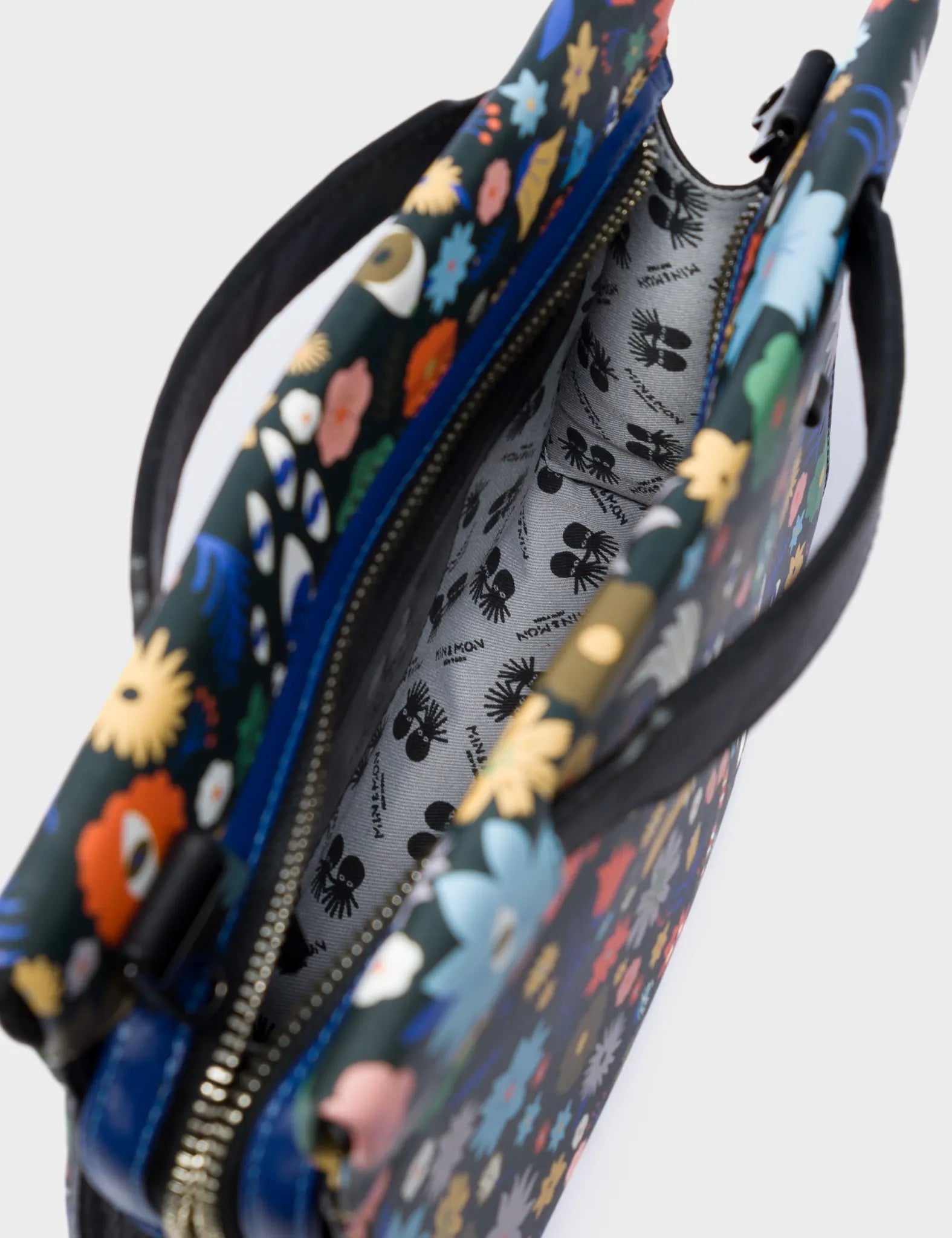 Crossbody Small Black Leather Bag - Floral Pattern Print - Inside