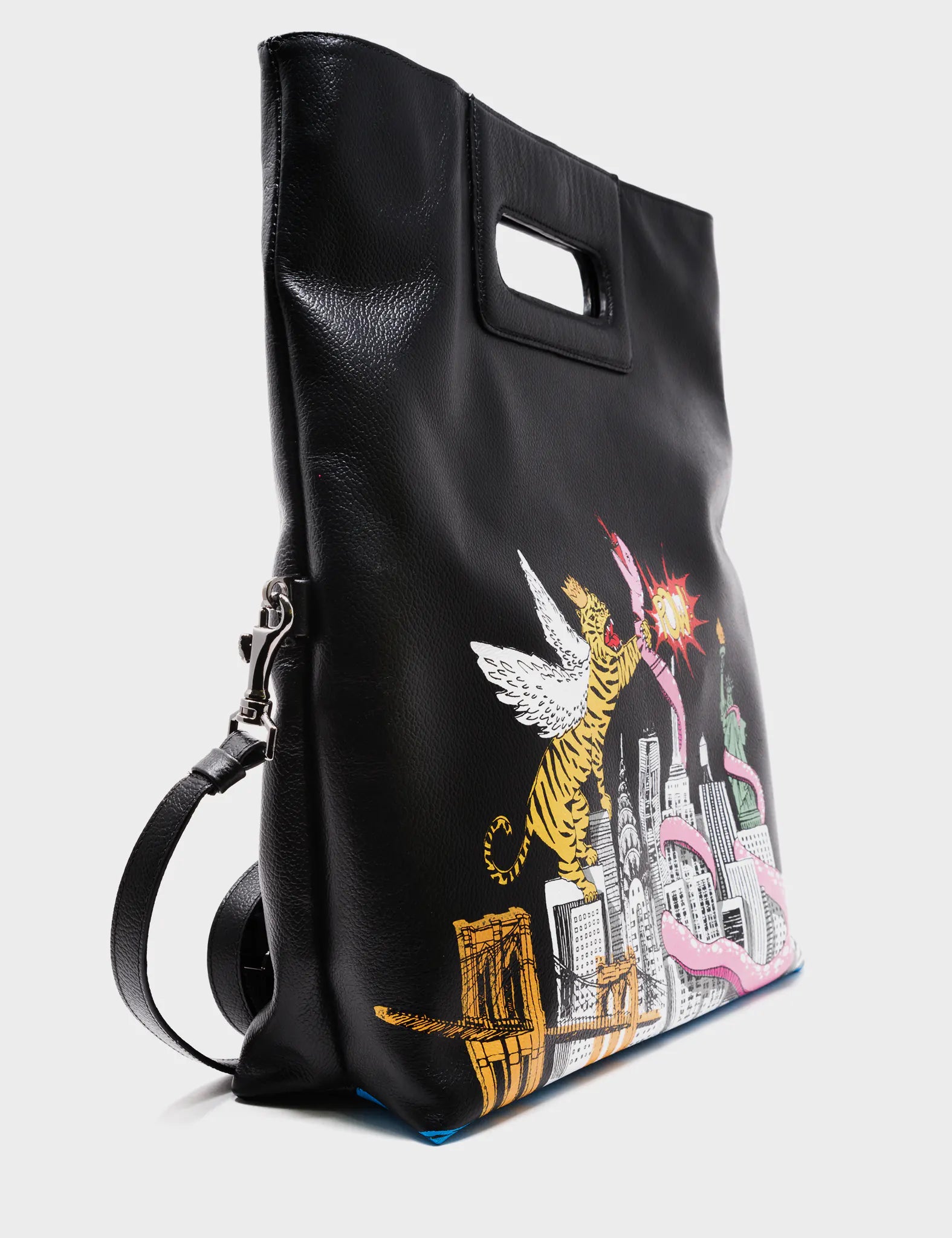 Convertible Crossbody Bag - Black Leather New york skyline tiger and snake Print - side