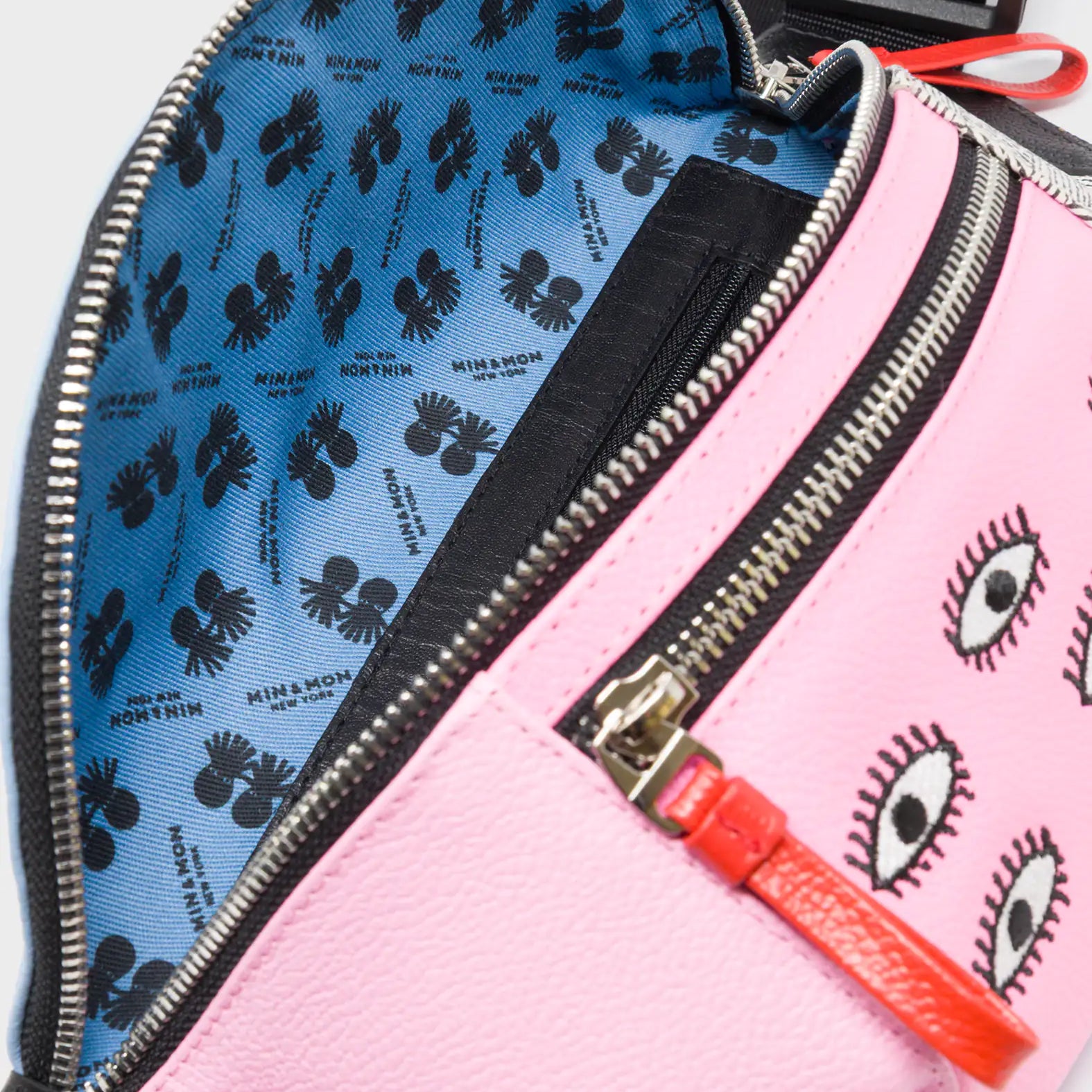 Harold Fanny Pack Cerulean Blue Leather - All Over Eyes Embroidery - Open
