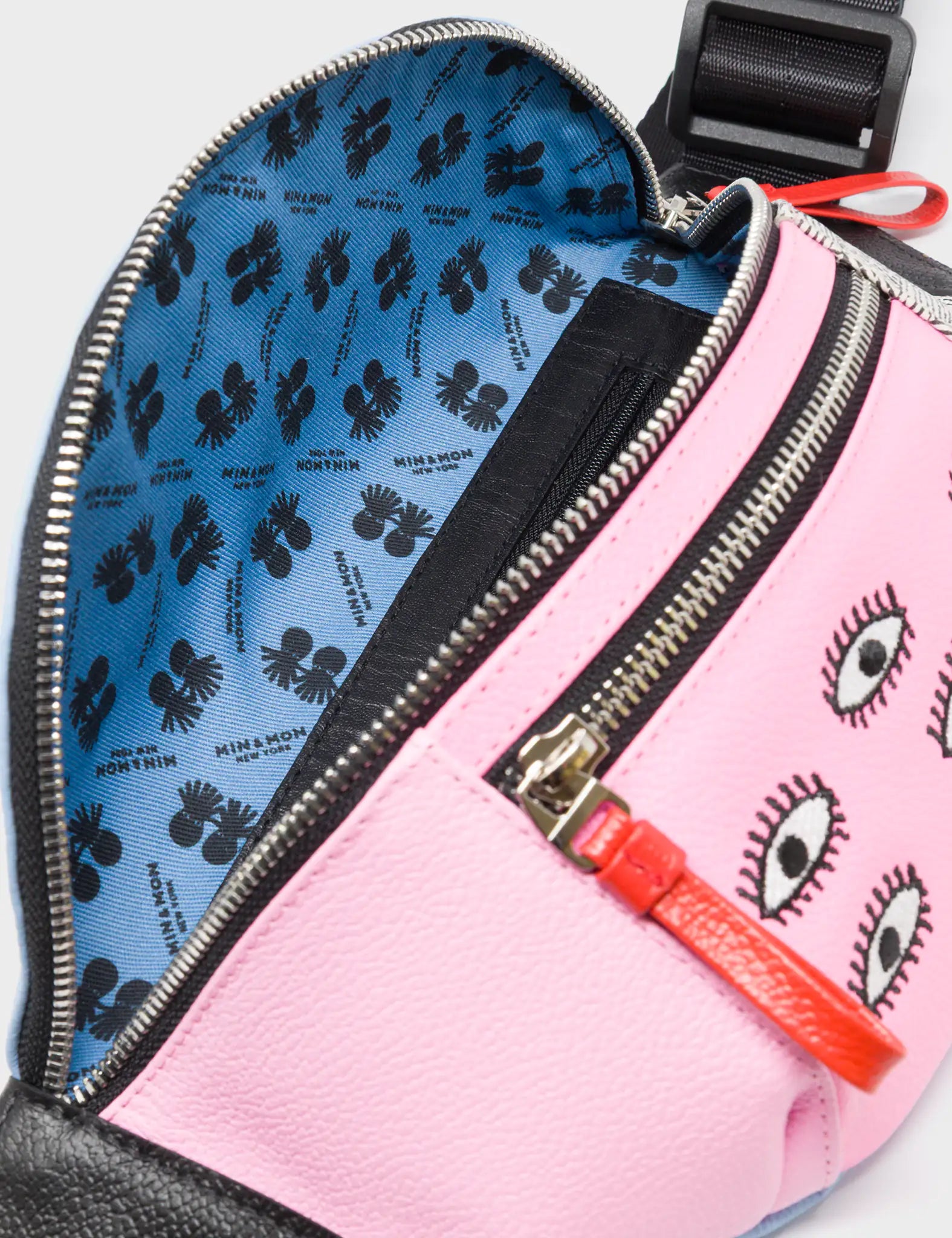 Harold Fanny Pack Cerulean Blue Leather - All Over Eyes Embroidery - Open