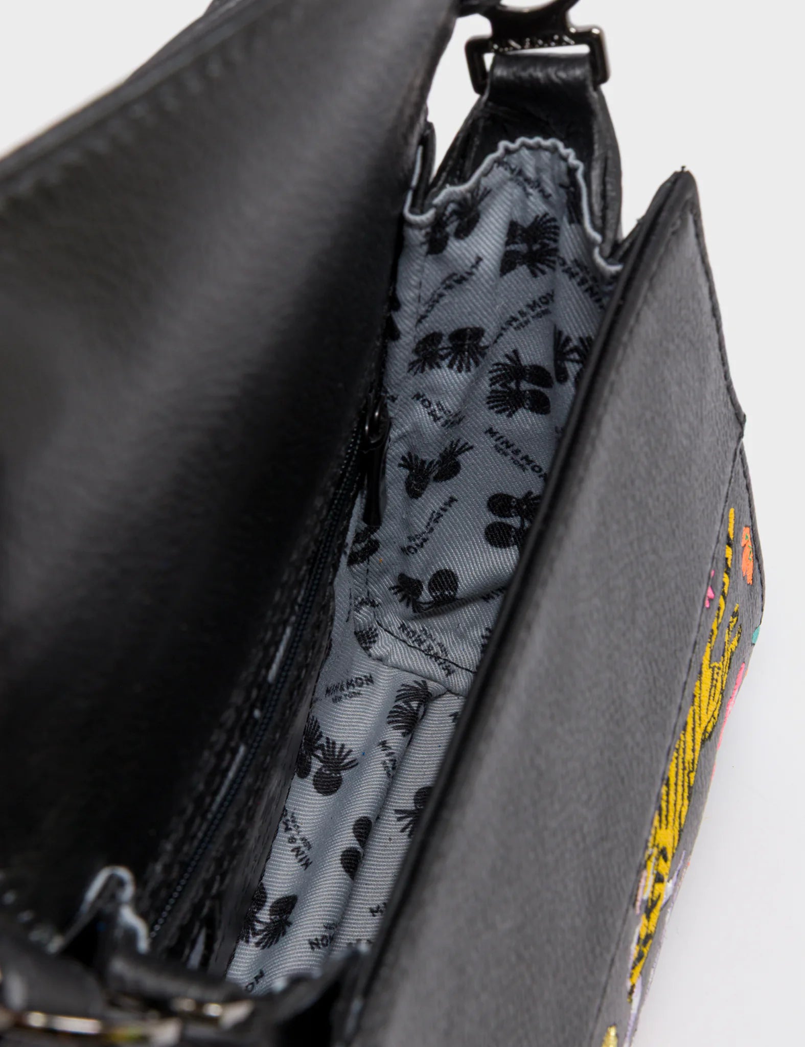 Anastasio Micro Crossbody Handbag Black Leather - Autumn Blush Embroidery - Inside View