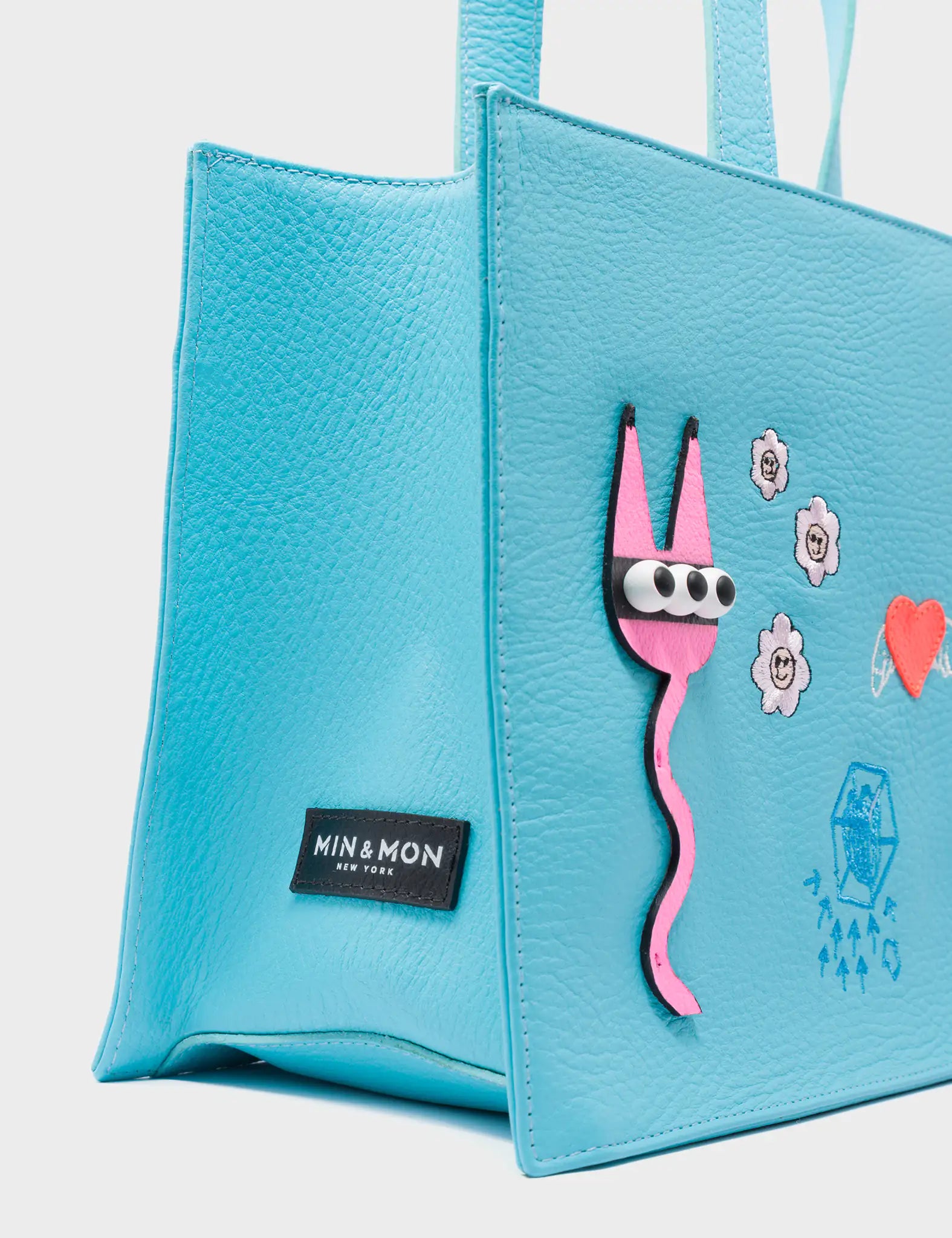 Marko Small Cyan Leather Tote Bag - Urban Doodles Applique - Detail View