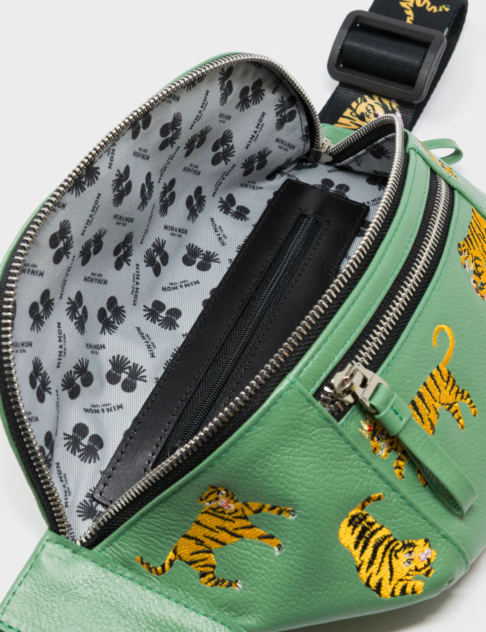 Harold Fanny Pack Basil Green Leather - Tigers Pattern - Open