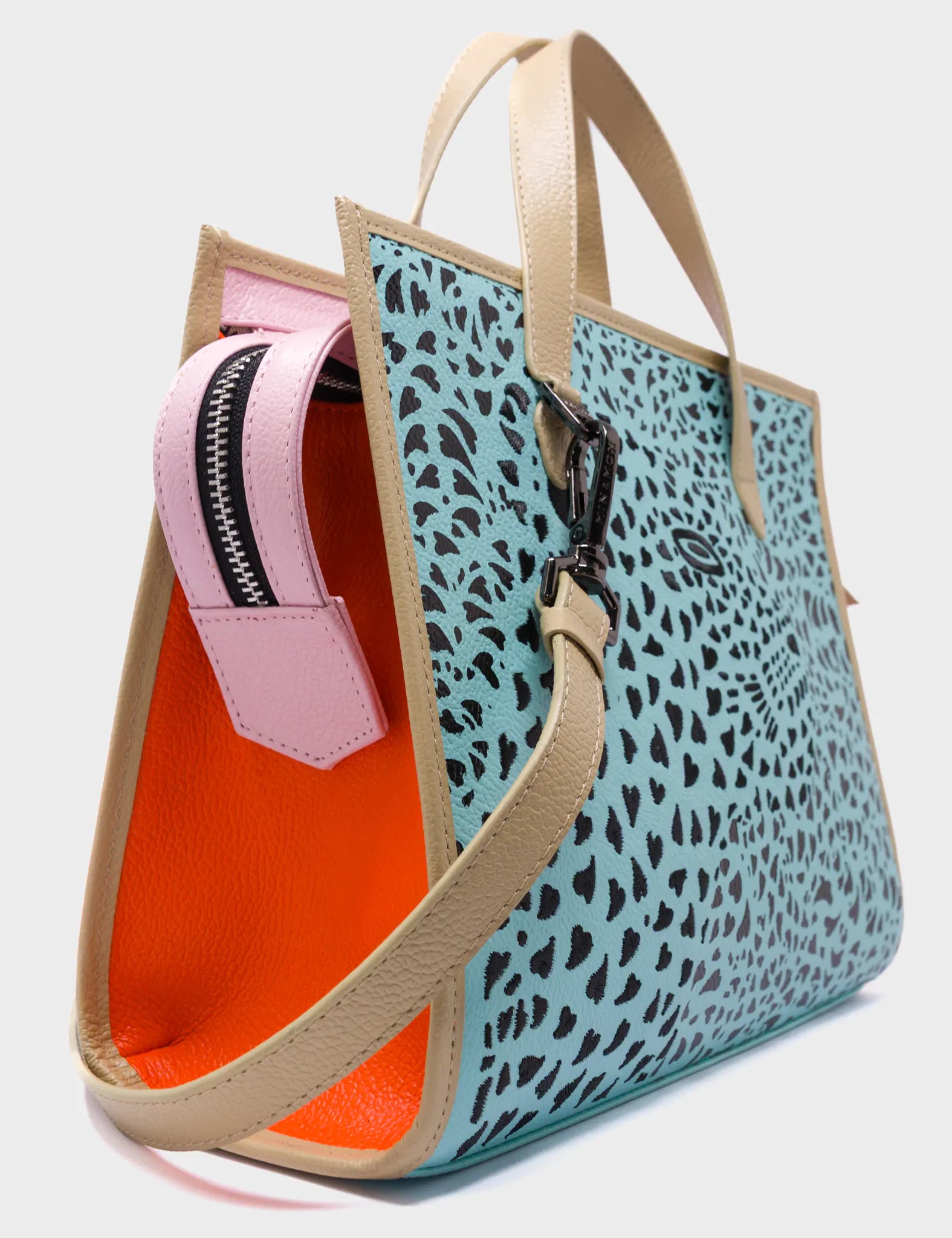 Simon Eggshell Blue Leather Medium Handbag - Retro Tiger Design - Side View