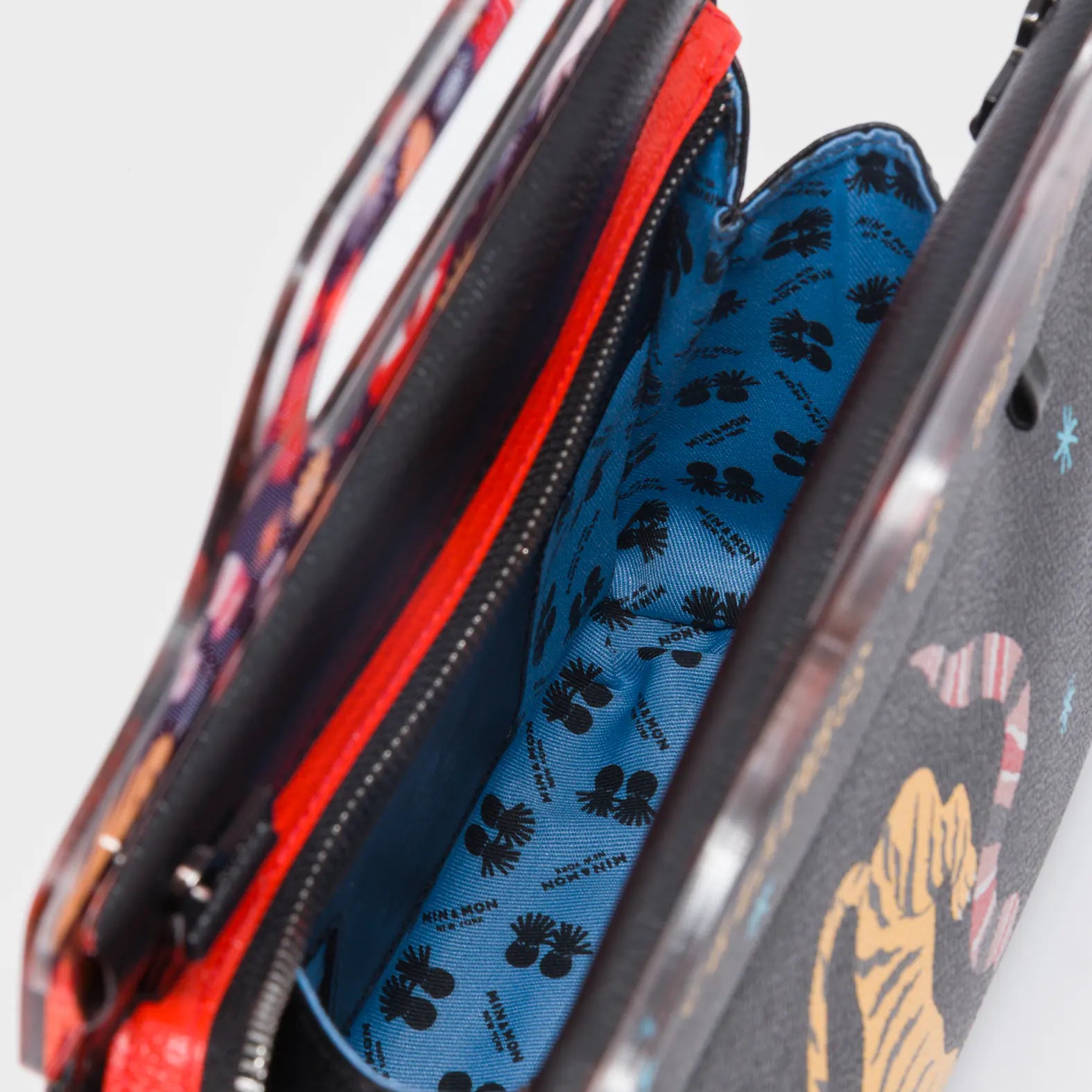 Vali Black Leather Crossbody Handbag Plastic Handle - Tiger And Snake Print - Inside View