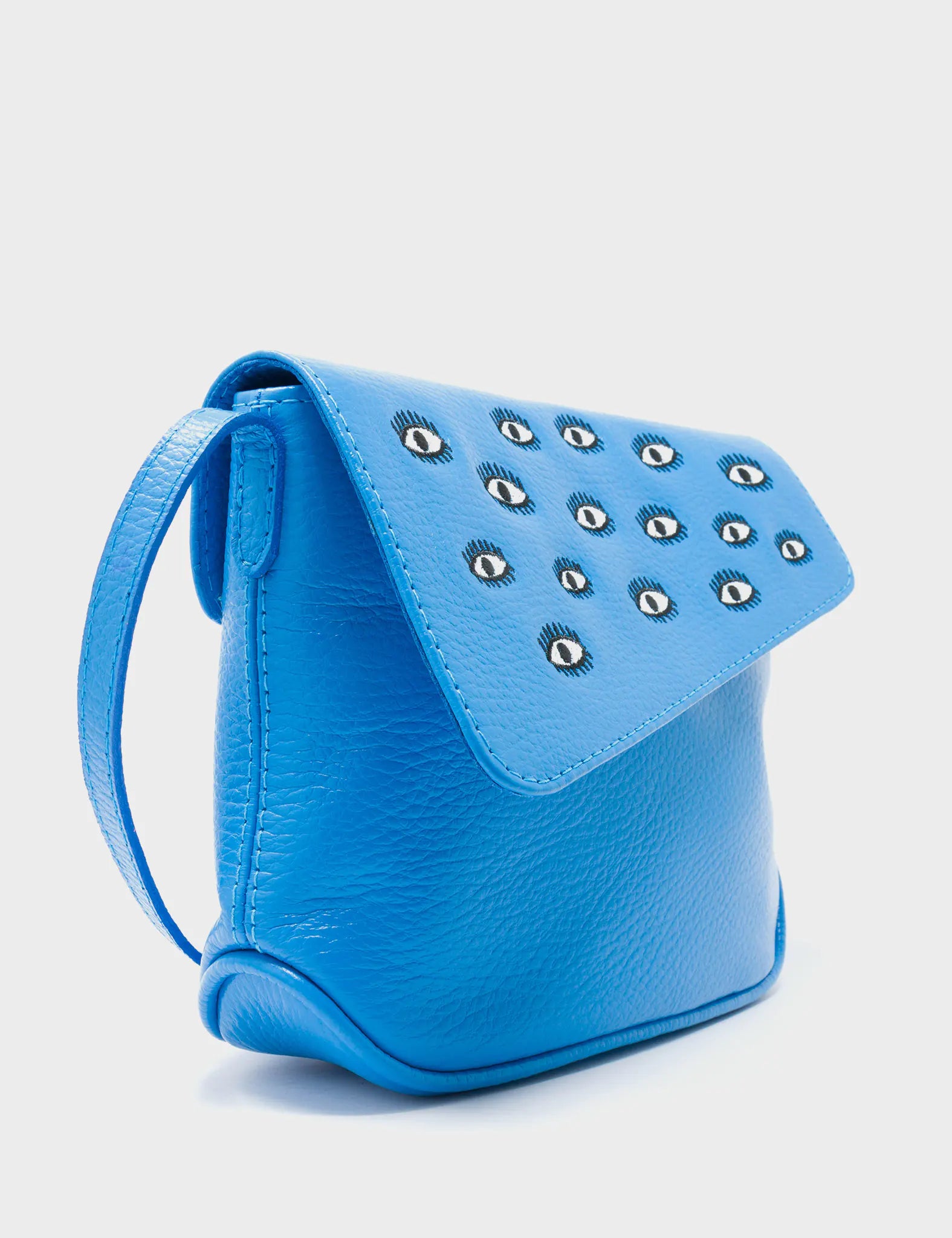 Bruno Mini Crossbody Ibiza Blue Leather Bag - All Over Eyes Embroidery - Side View