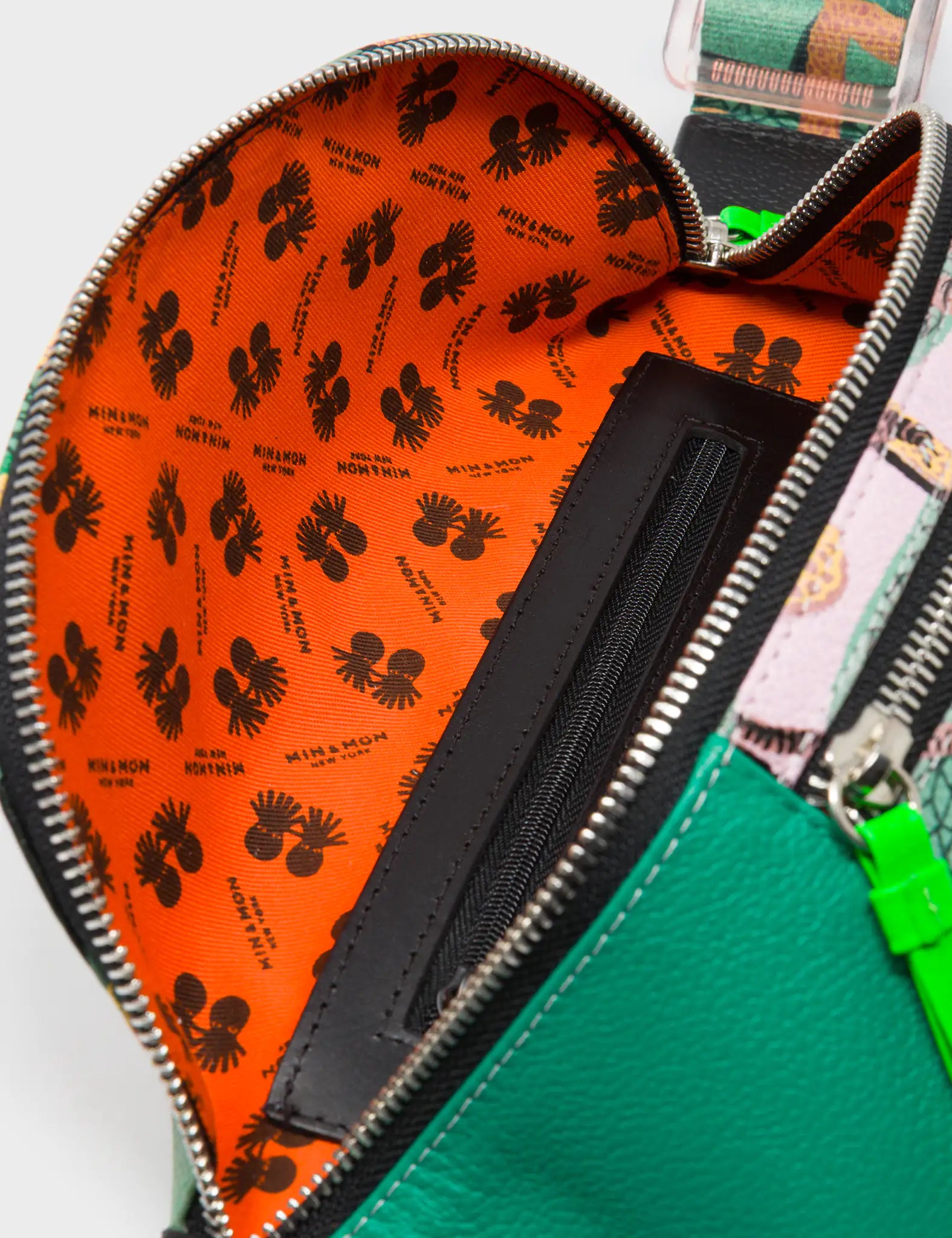 Harold Fanny Pack Deep Green Leather - Tangle Tales Print - Open