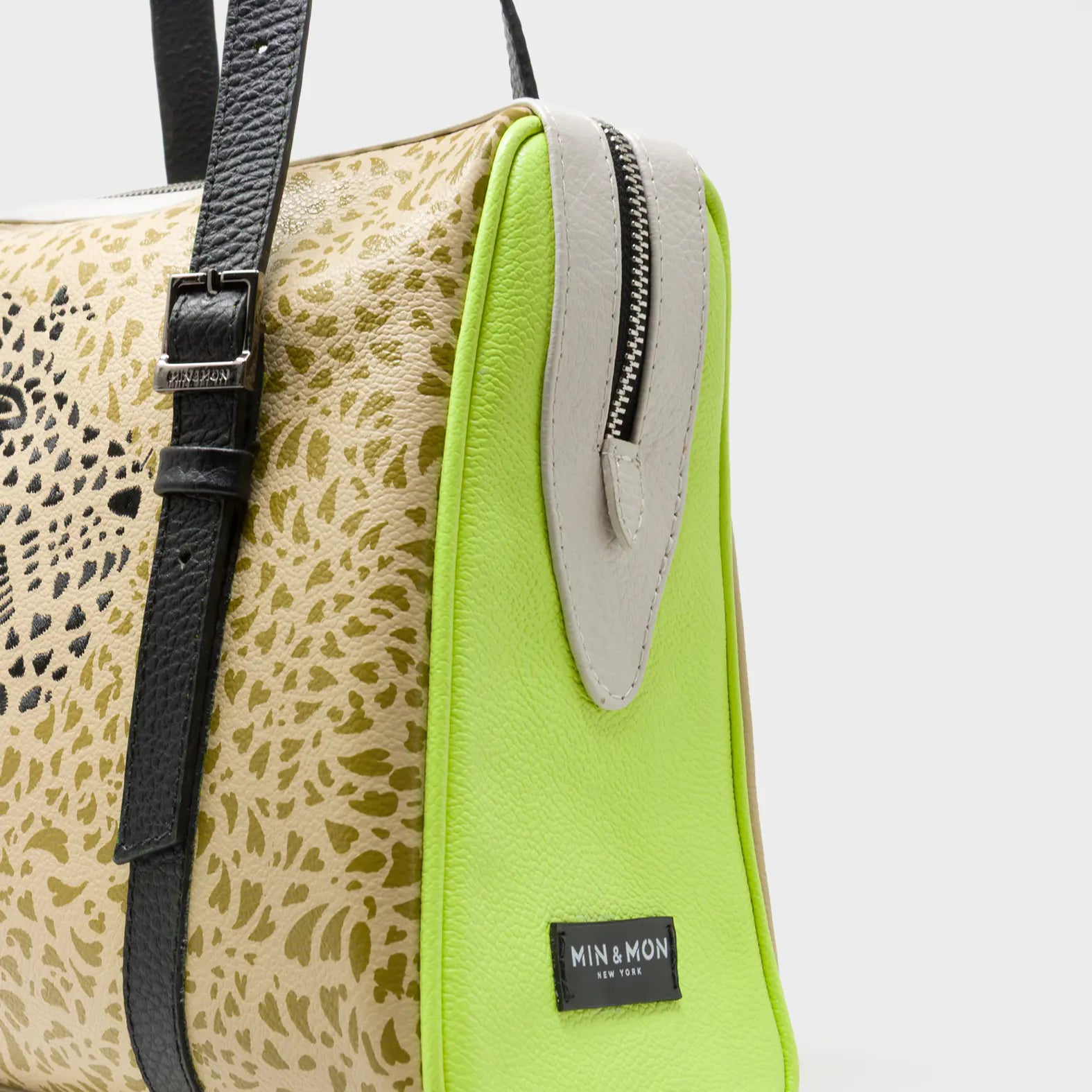 Esther Taos Taupe Satchel Bag - Retro Tiger Design - Side View