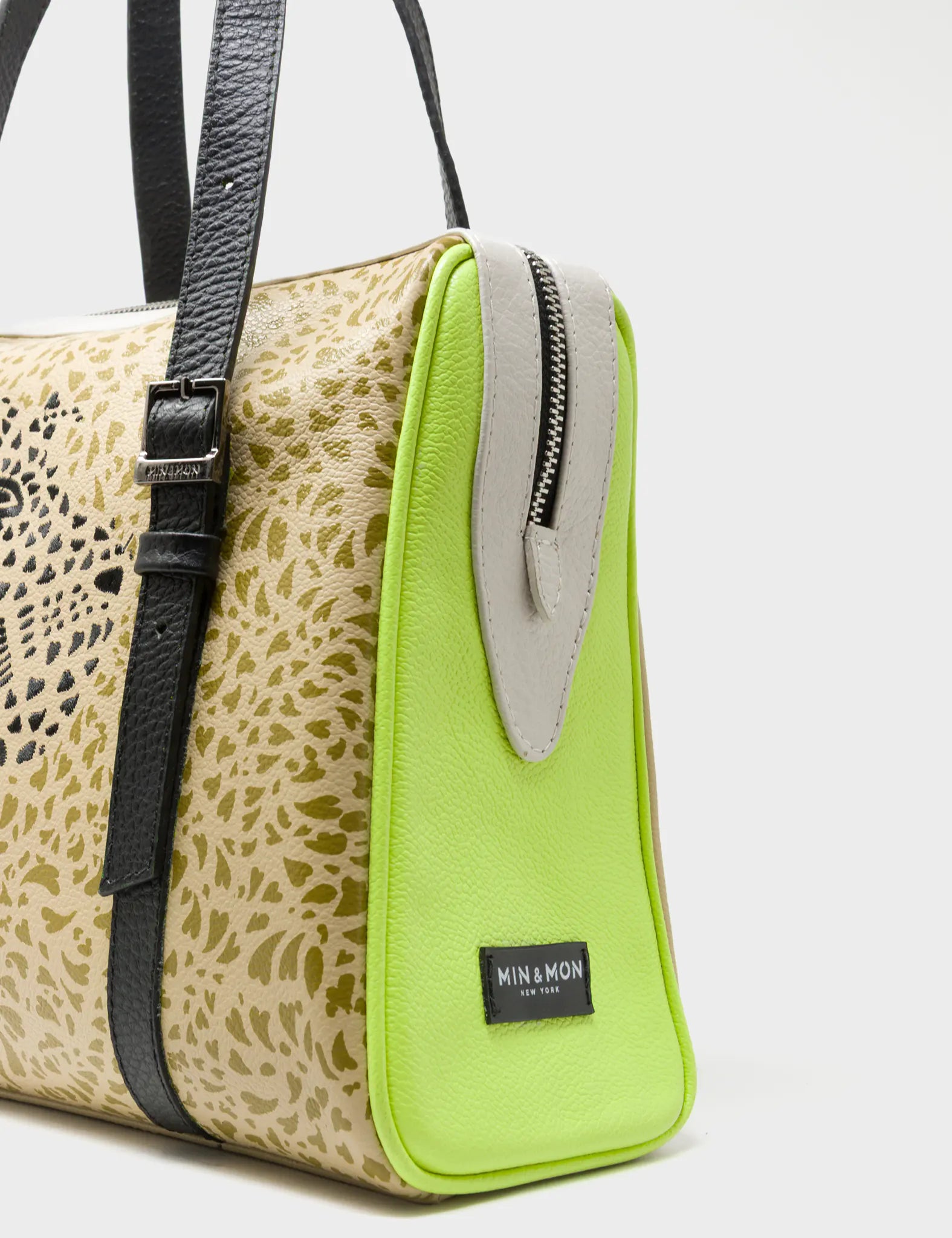 Esther Taos Taupe Satchel Bag - Retro Tiger Design - Side View