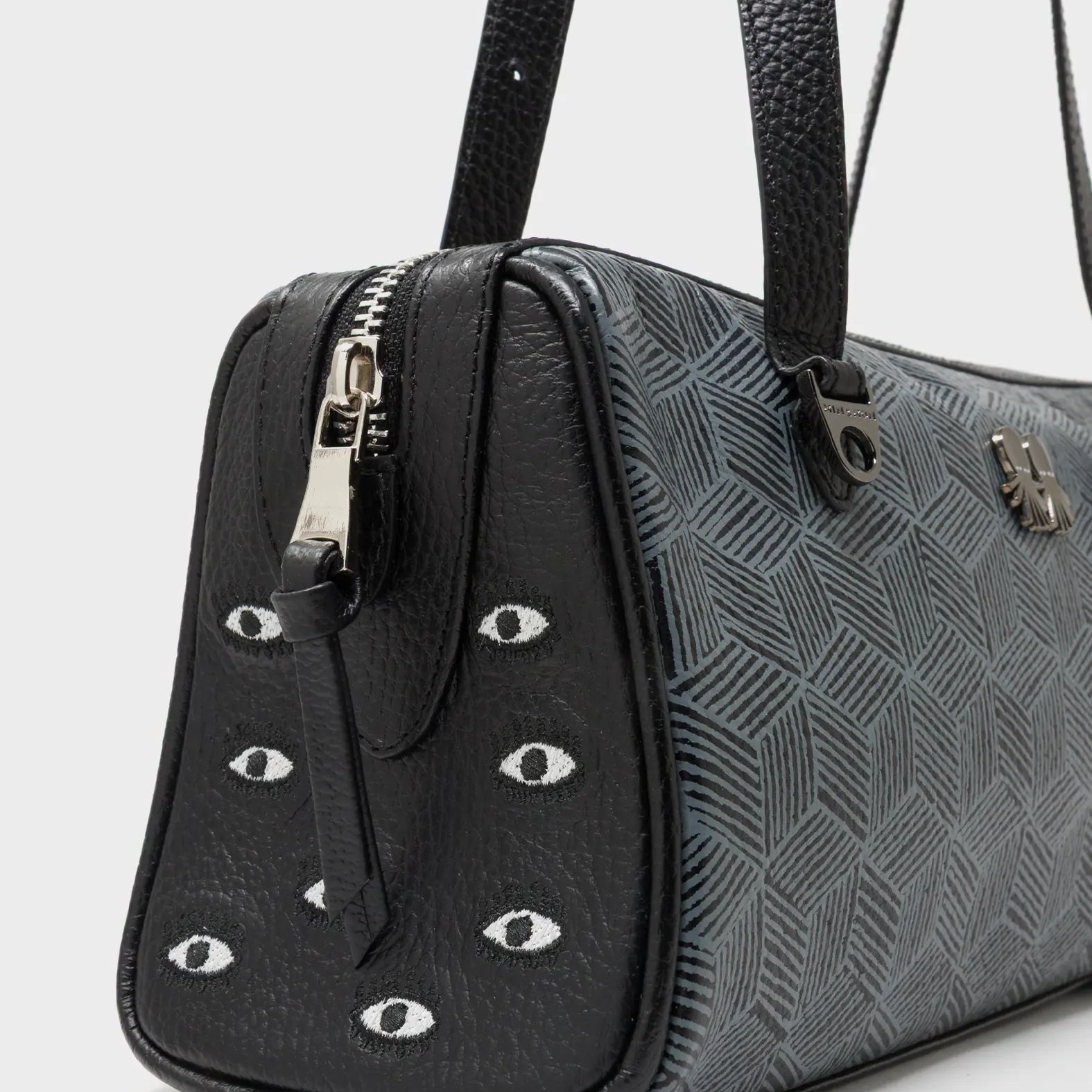 Esther Black Satchel Mini Bag - All Over Eyes Embroidery and Cubes Print - Side View