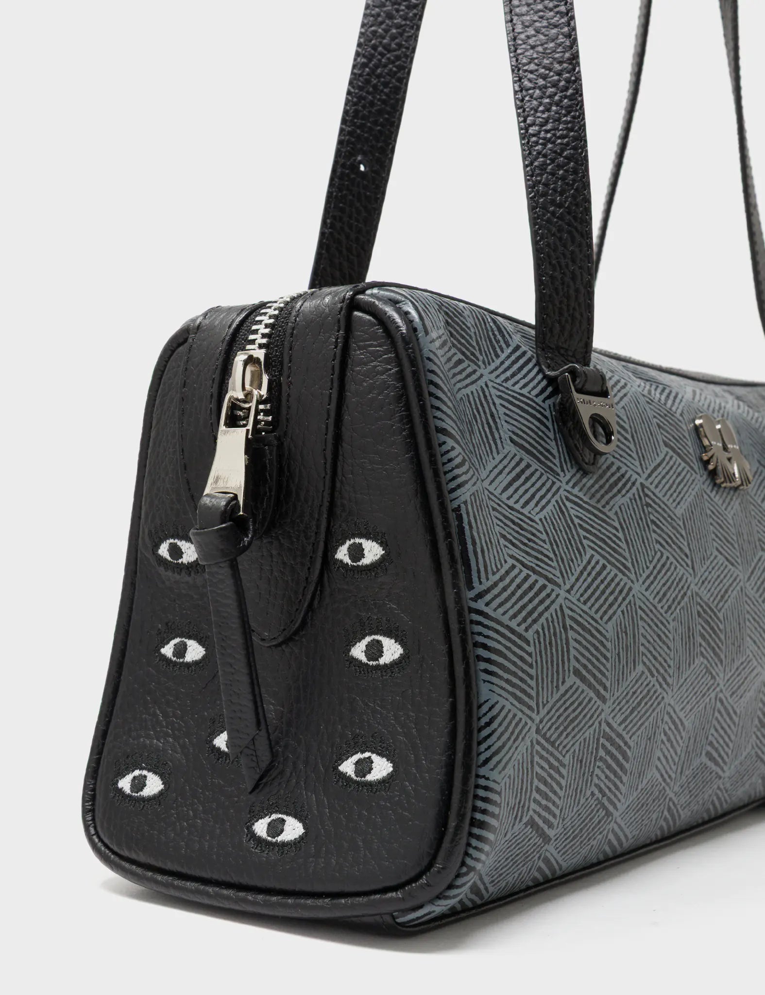 Esther Black Satchel Mini Bag - All Over Eyes Embroidery and Cubes Print - Side View