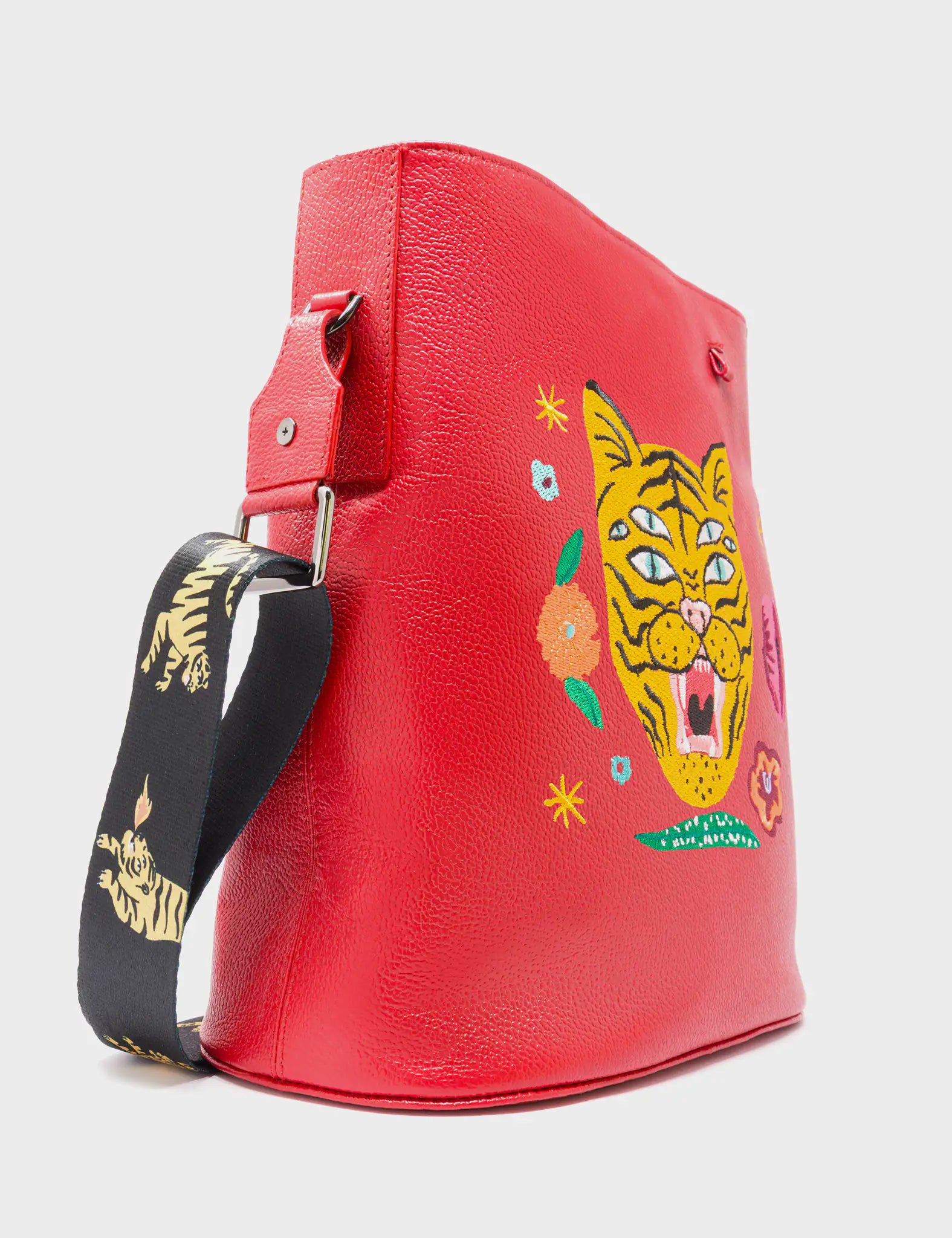 Vincent Jester Red Leather Shoulder Bag - Happy Tiger Embroidery - Side Corner View