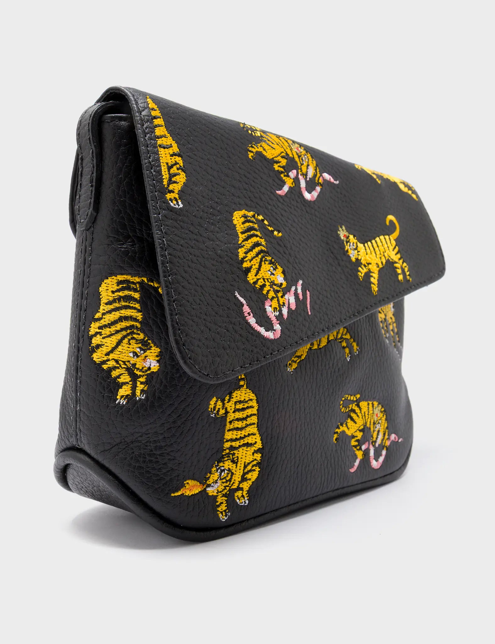 Bruno Mini Crossbody Black Leather Bag - Tigers Pattern - Side Corner View