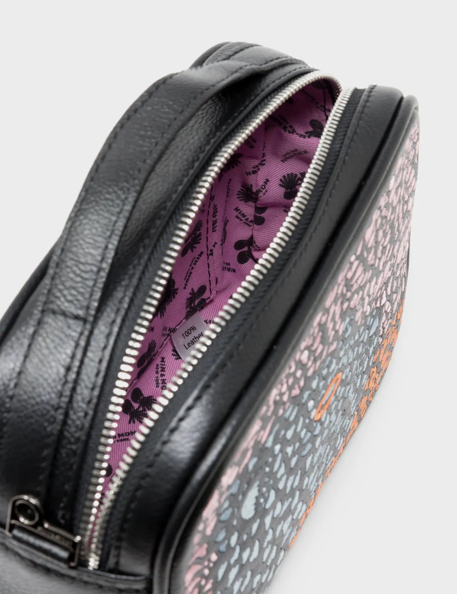 Verto Black Leather Crossbody Bag - Retro Tiger Design - Inside View