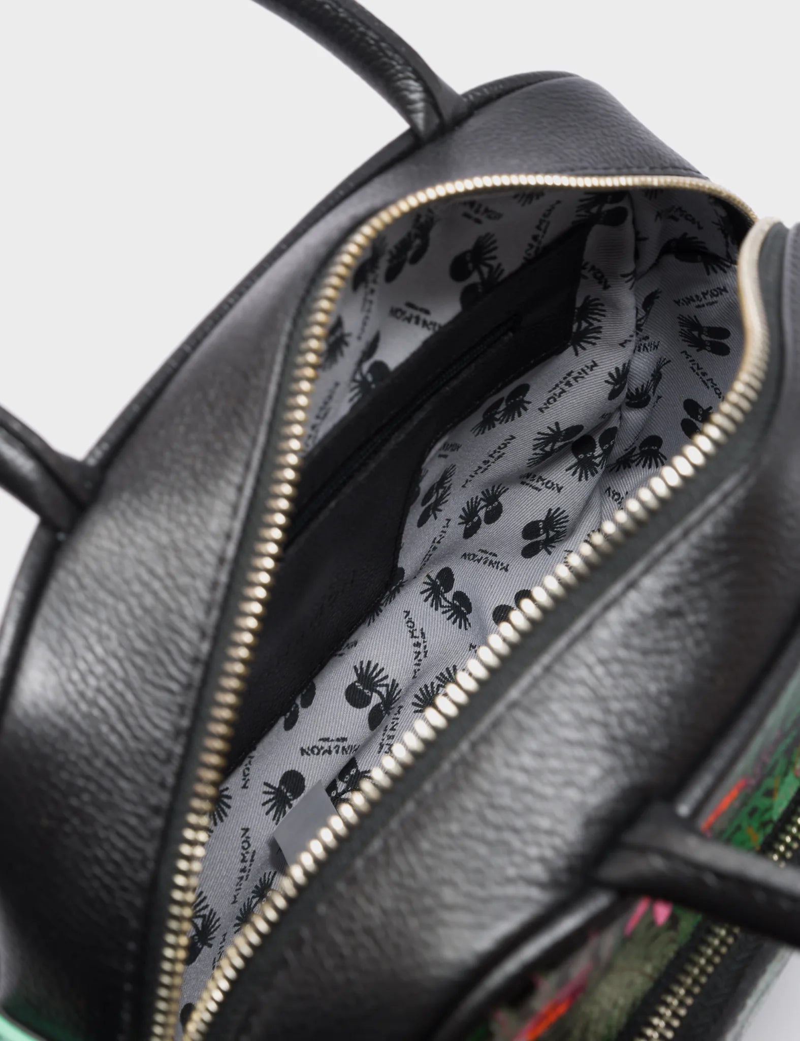 Marino Medium Crossbody Black Leather Bag - El Trópico Print & Embroidery Design - Detail View