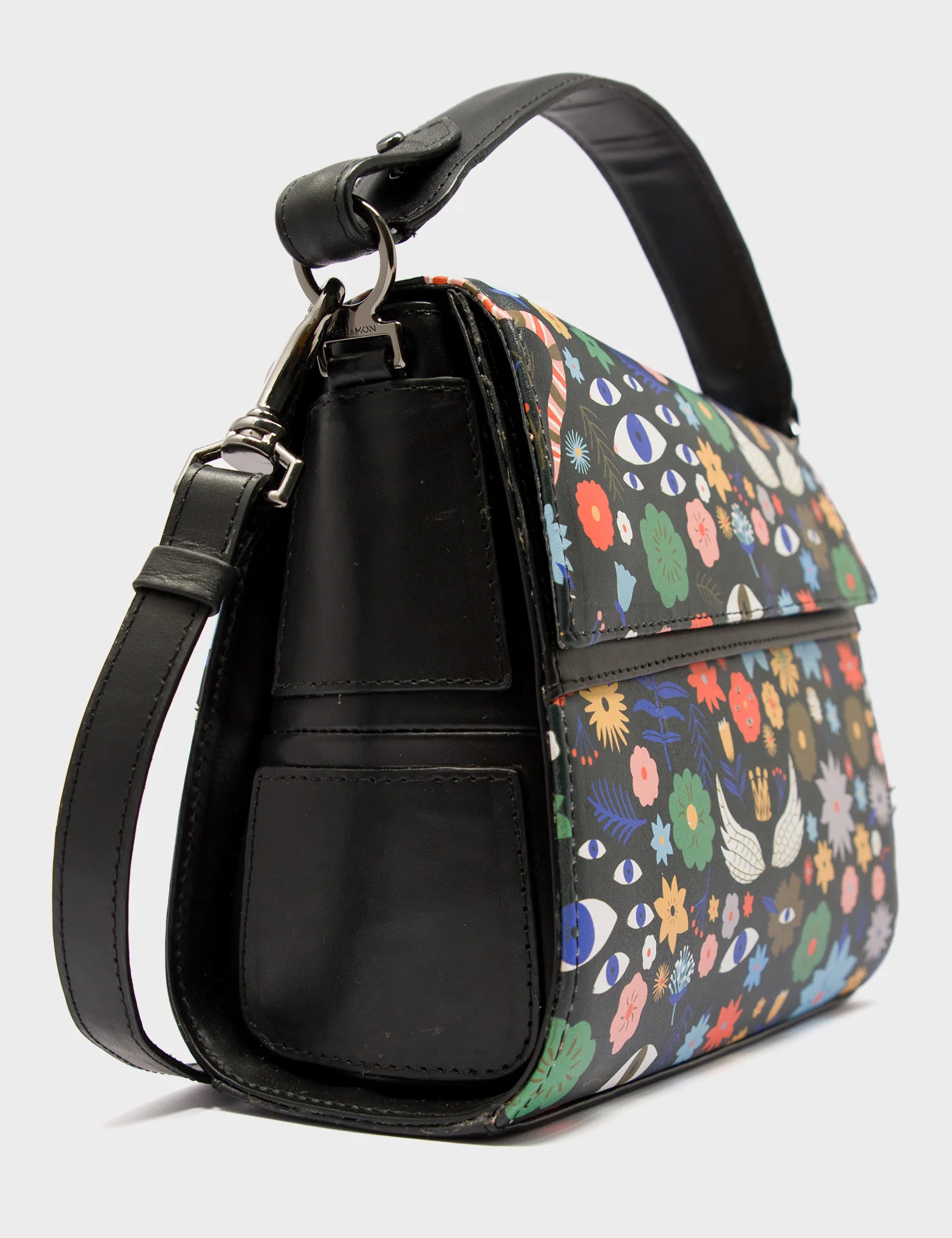 Mini Crossbody Handbag Manhattan Black Leather - Flowers Pattern Print - Side 