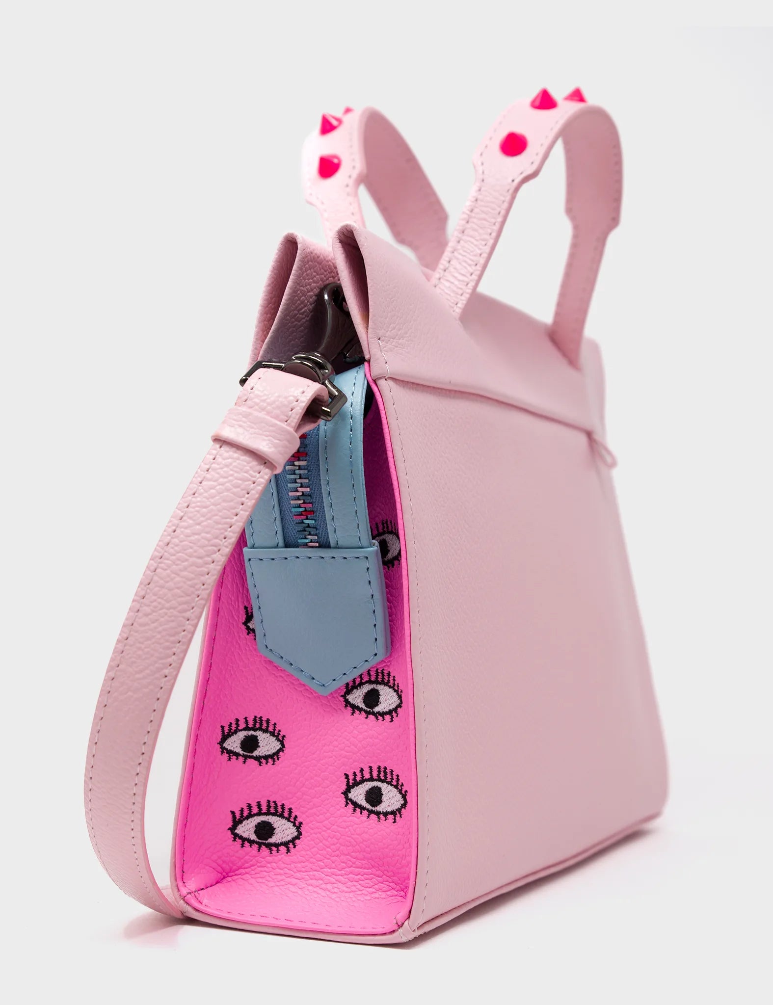 Crossbody Small Parfait Pink Leather Bag - Eyes Embroidery - Side