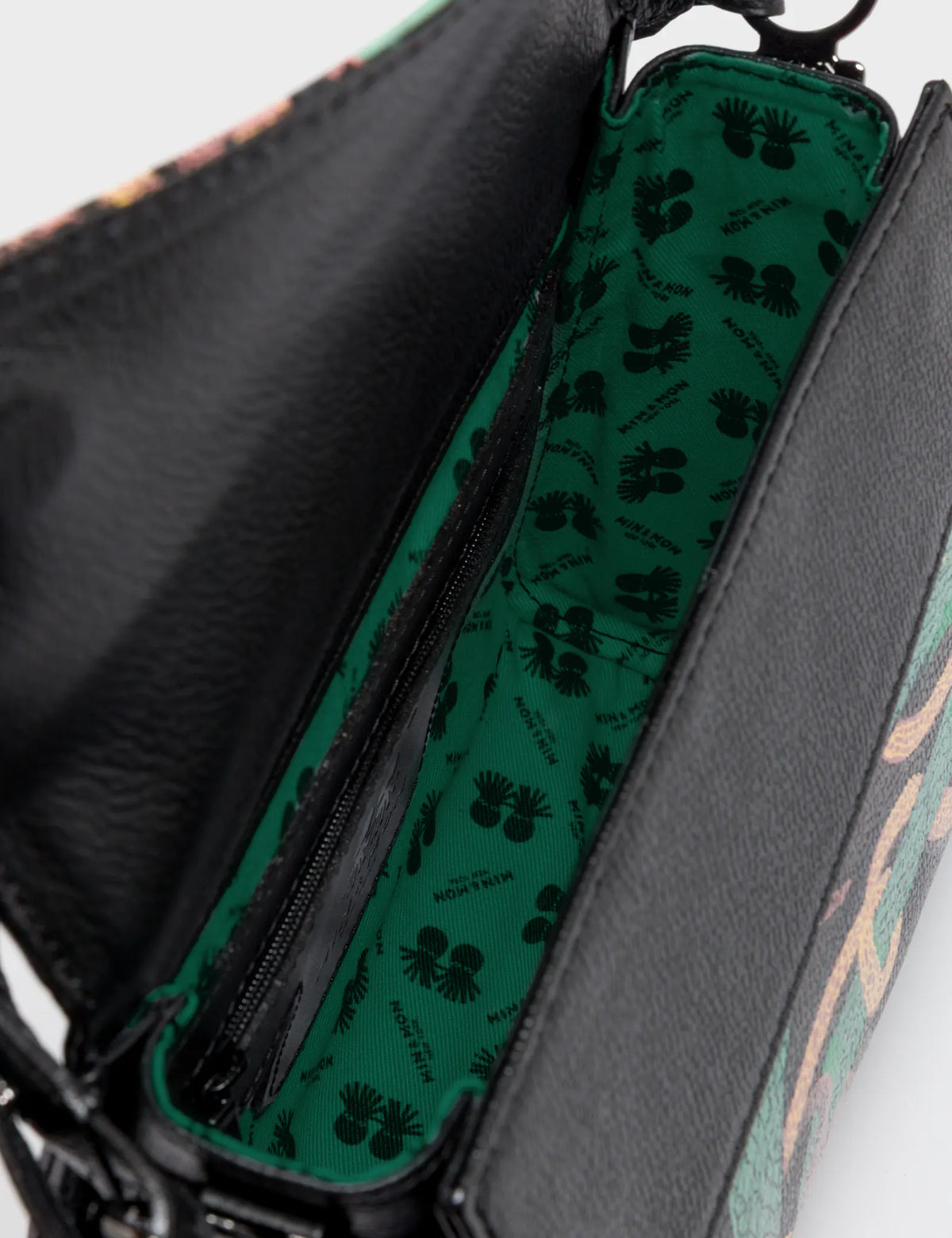 Anastasio Mini Crossbody Handbag Black Leather - Tiger and Snake Print - Inside View