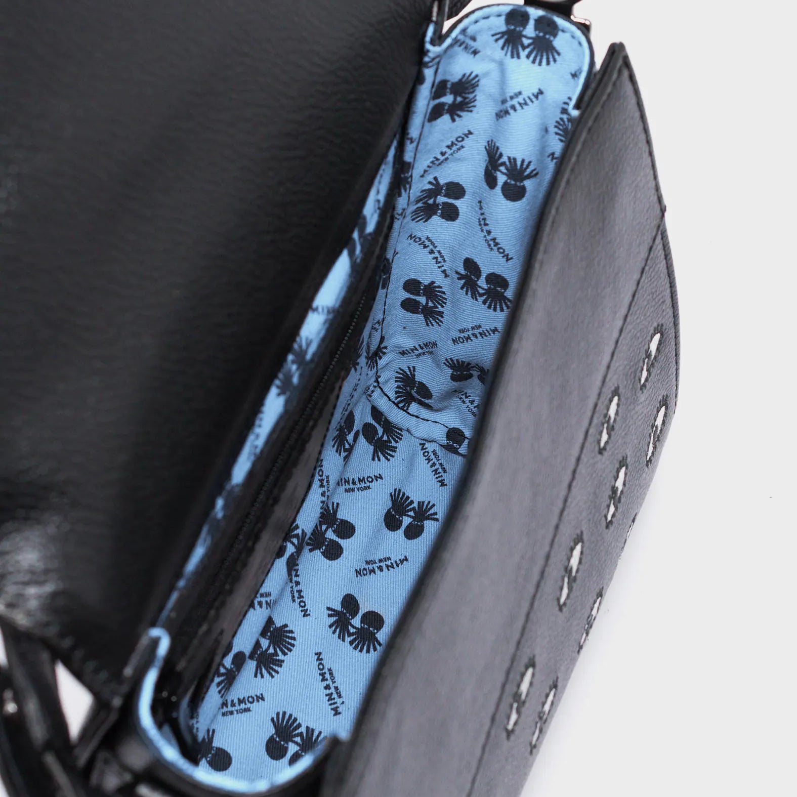 Anastasio Mini Crossbody Handbag Black Leather - All Over Eyes Embroidery- Inside View