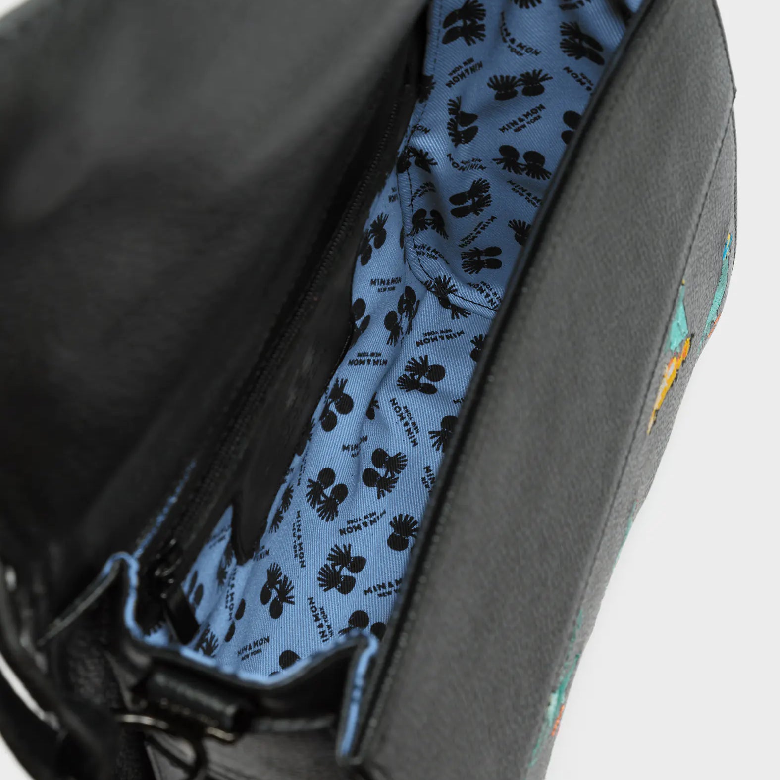 Anastasio Mini Crossbody Handbag Black Leather - Pigeonzilla Embroidery - Open View