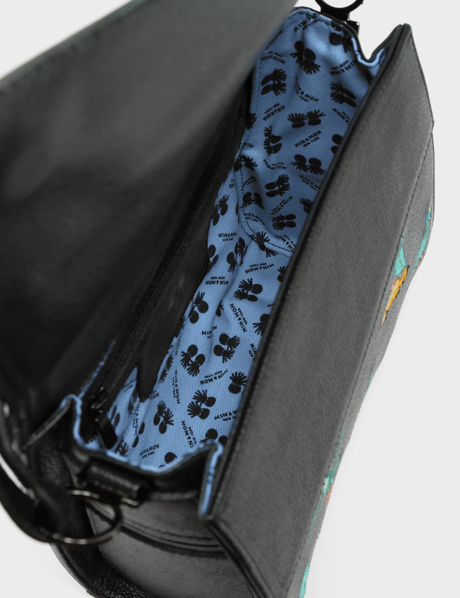 Anastasio Mini Crossbody Handbag Black Leather - Pigeonzilla Embroidery - Open View