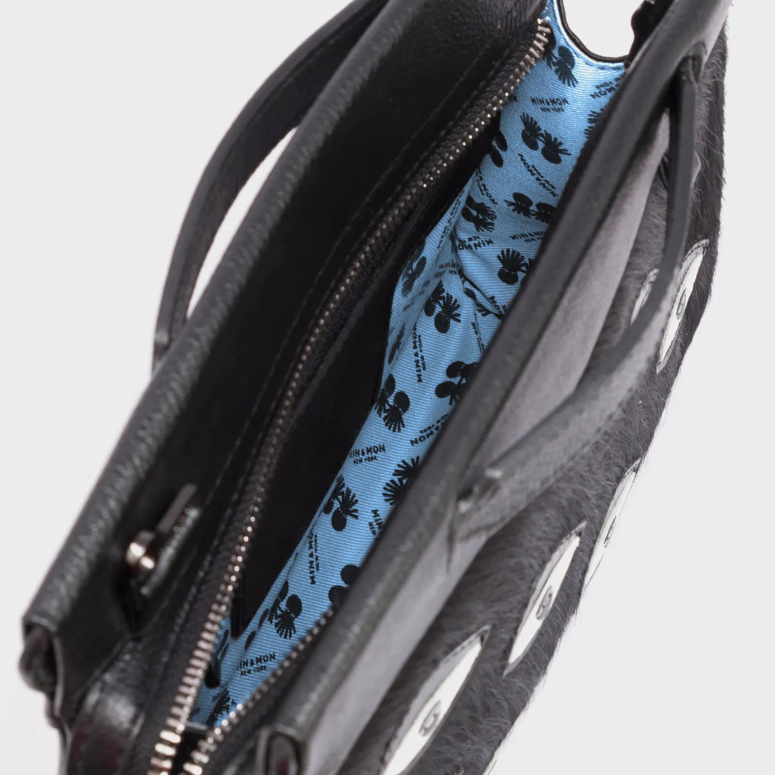 Vali Crossbody Small Black Leather Bag - Eyes Applique Adjustable Handle - Open view
