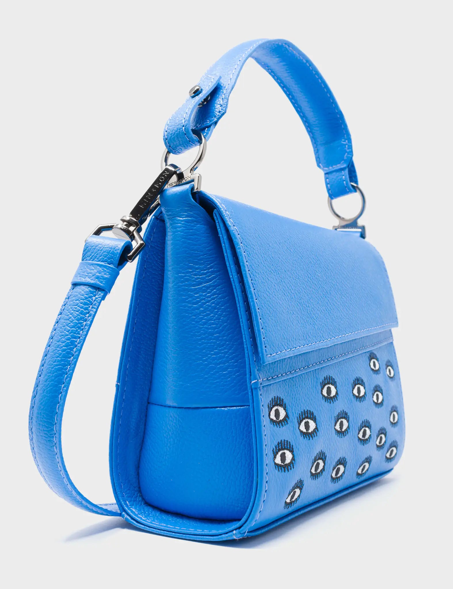 Anastasio Micro Crossbody Handbag Ibiza Blue Leather - All Over Eyes Embroidery - Side Corner View