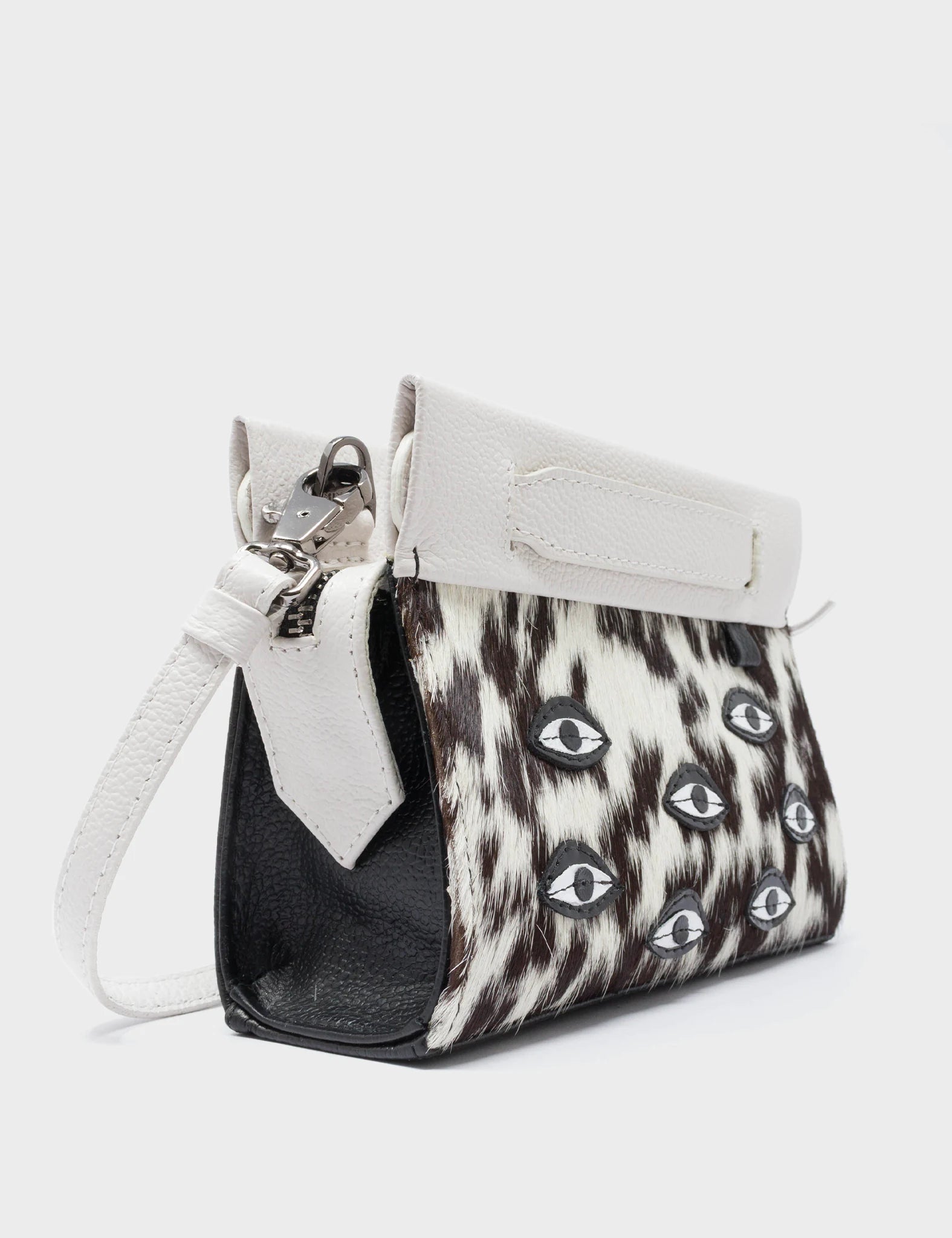 Vali Crossbody Micro Cream and Black Leather Bag - Eyes Applique Adjustable Handle - Side View