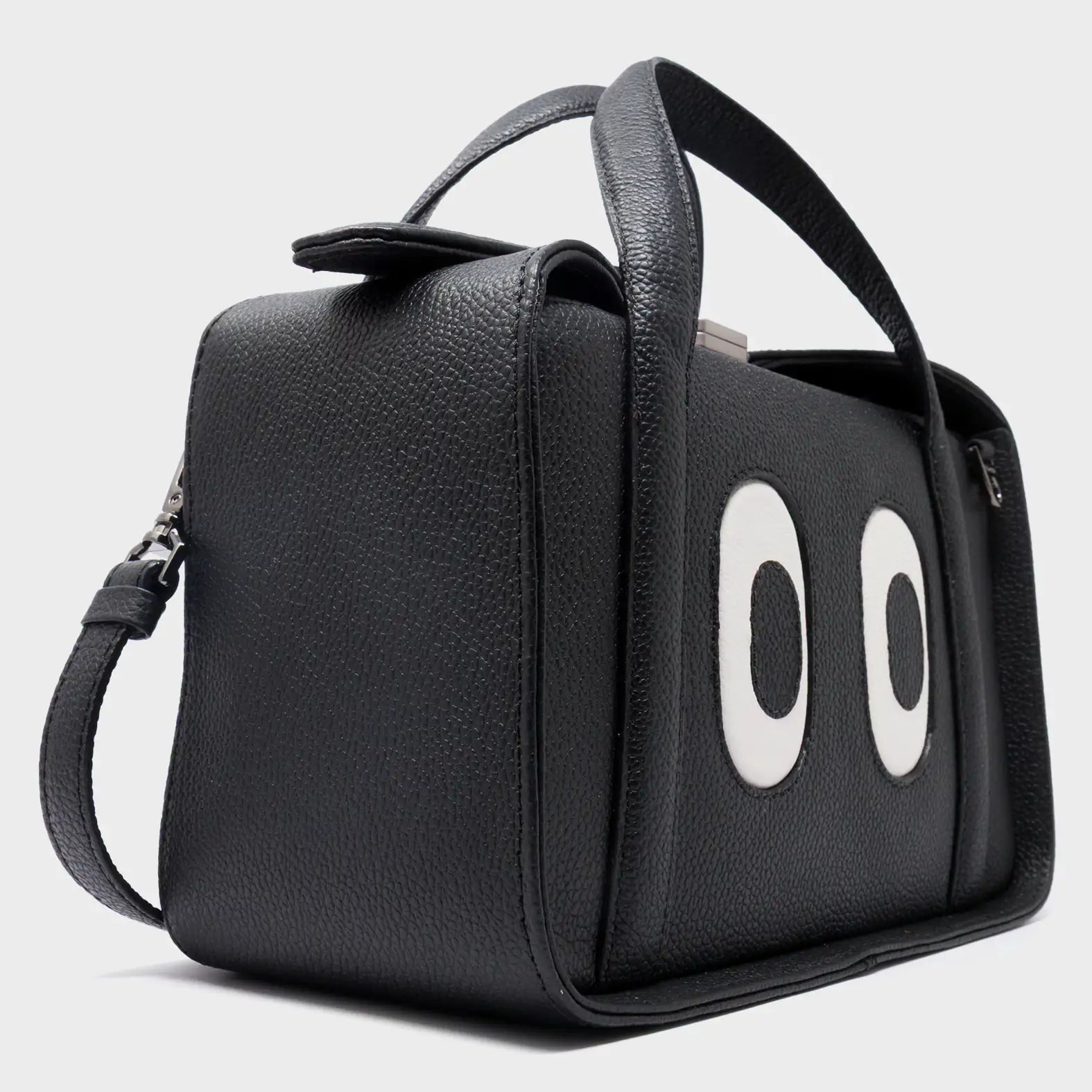Benji Medium Crossbody Black Leather Bag - Look Up 👀 - Side View