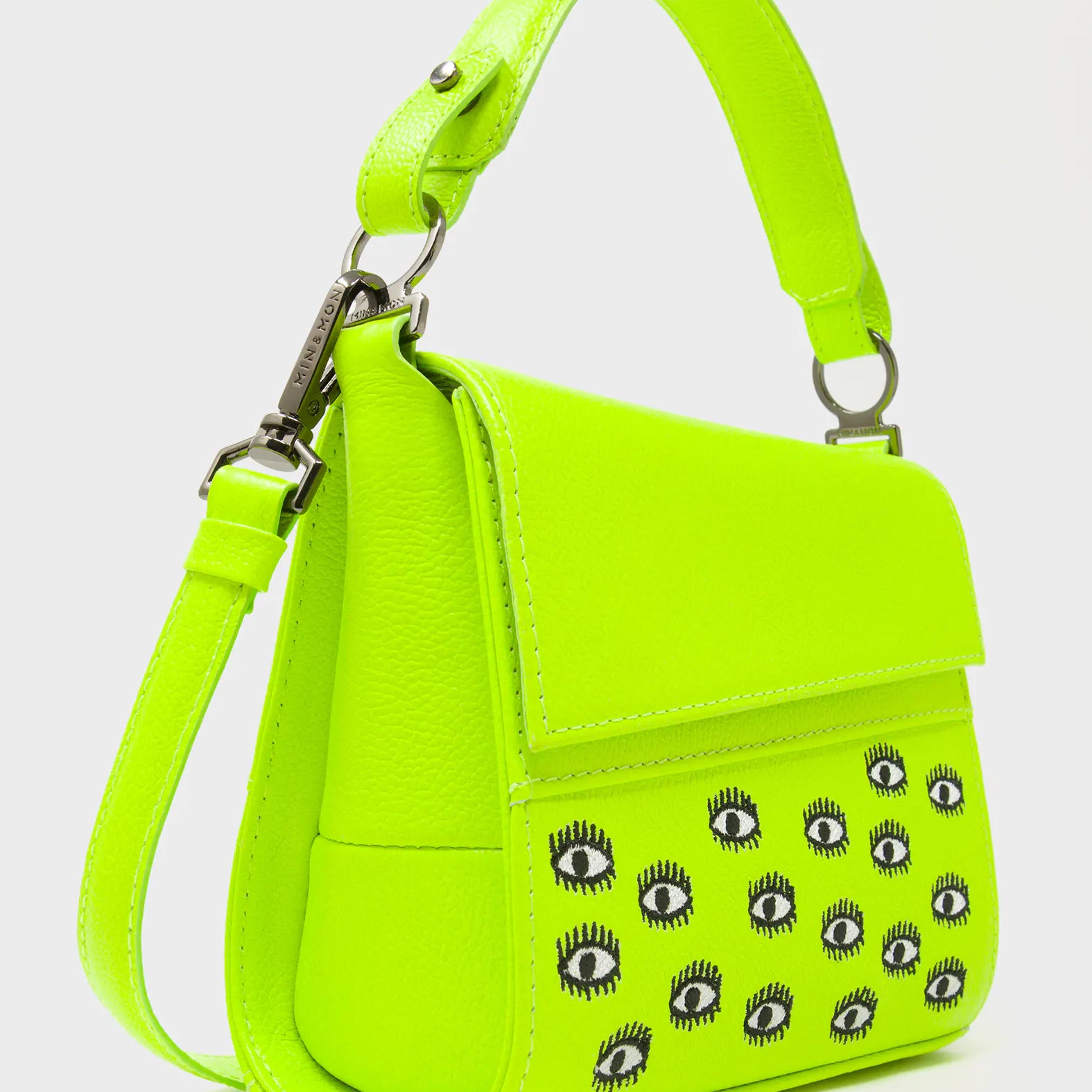 Anastasio Micro Crossbody Handbag Neon Lime Leather - All Over Eyes Embroidery - Side Corner View