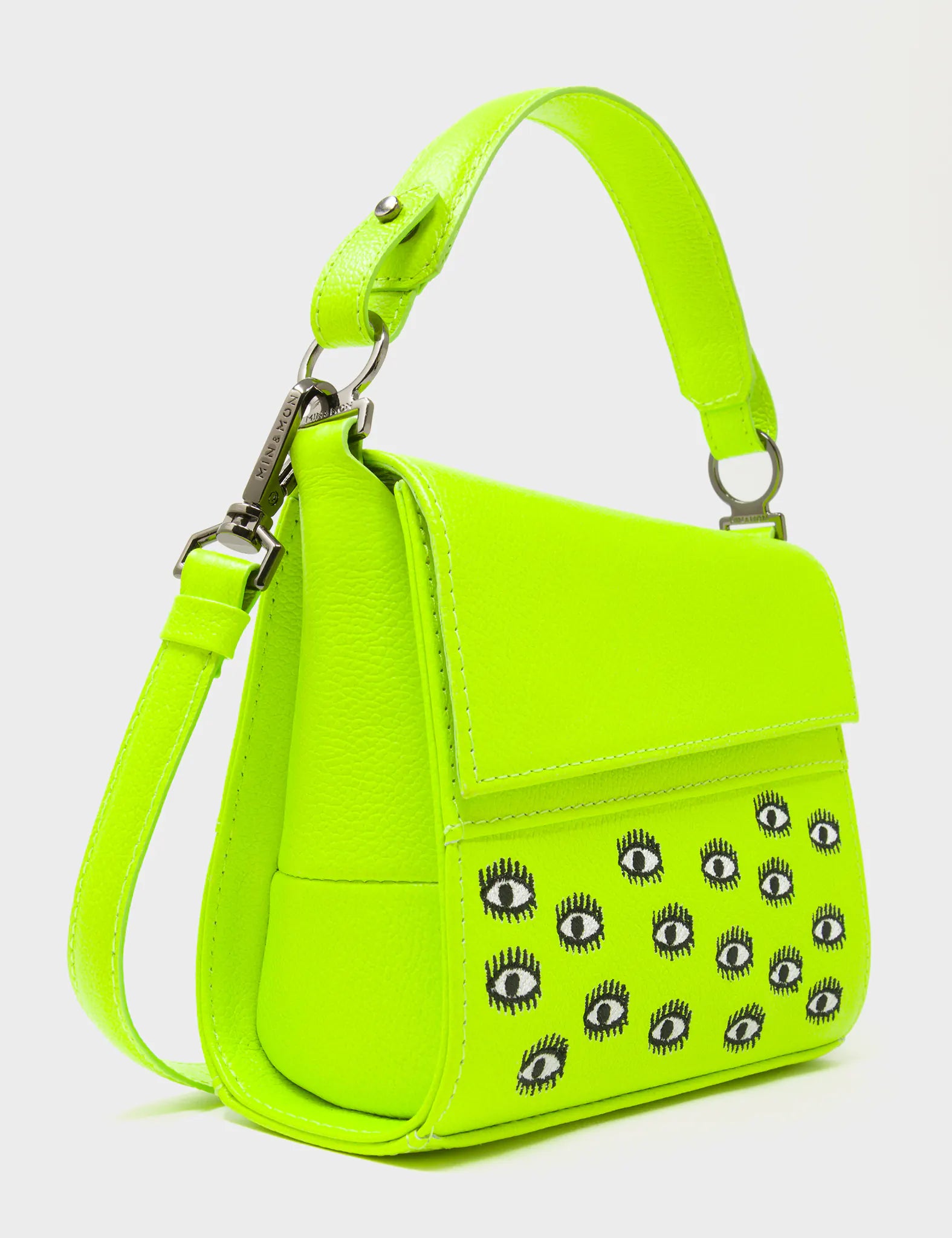 Anastasio Micro Crossbody Handbag Neon Lime Leather - All Over Eyes Embroidery - Side Corner View