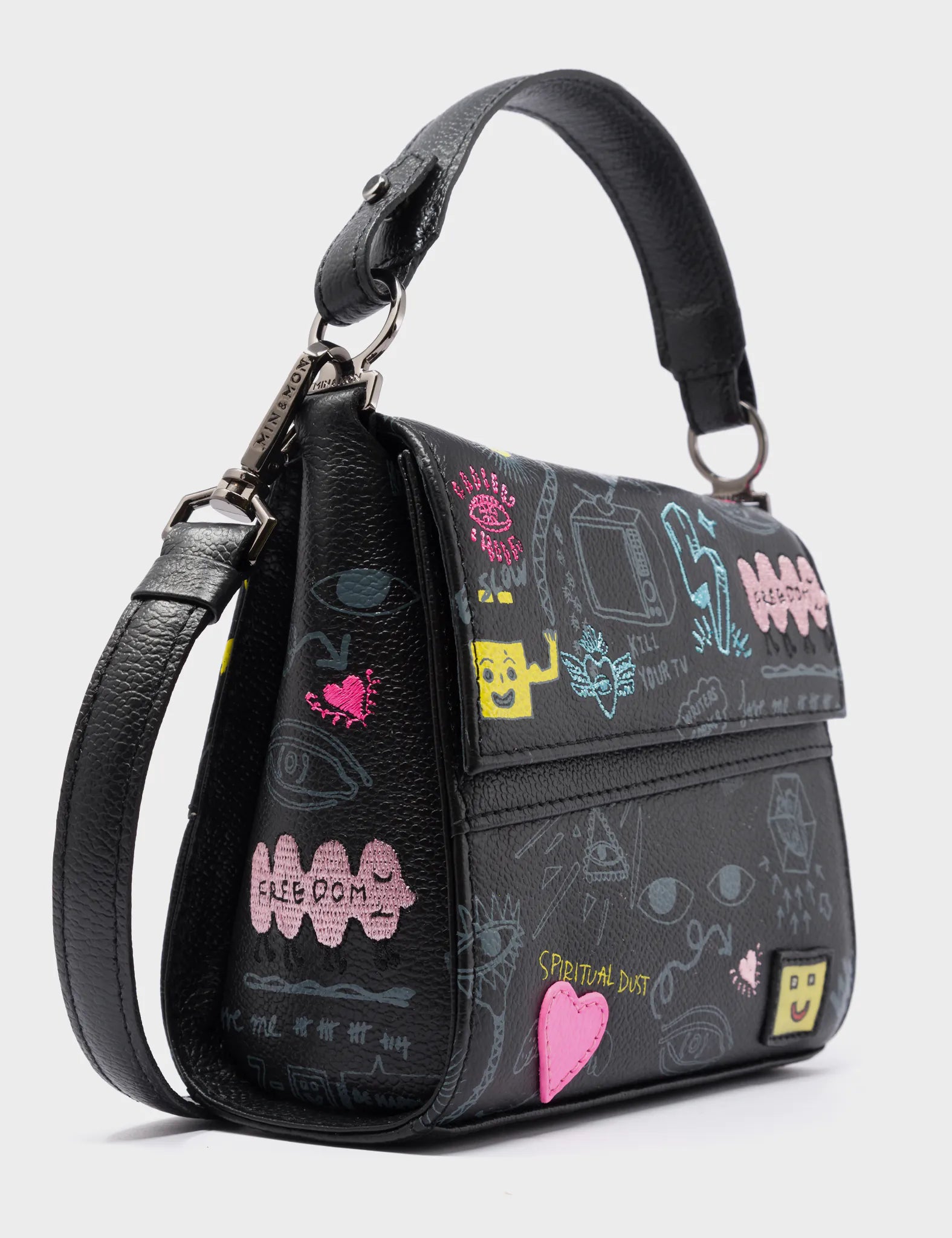 Anastasio Micro Crossbody Handbag Black Leather - Urban Doodles Design - Side Corner View